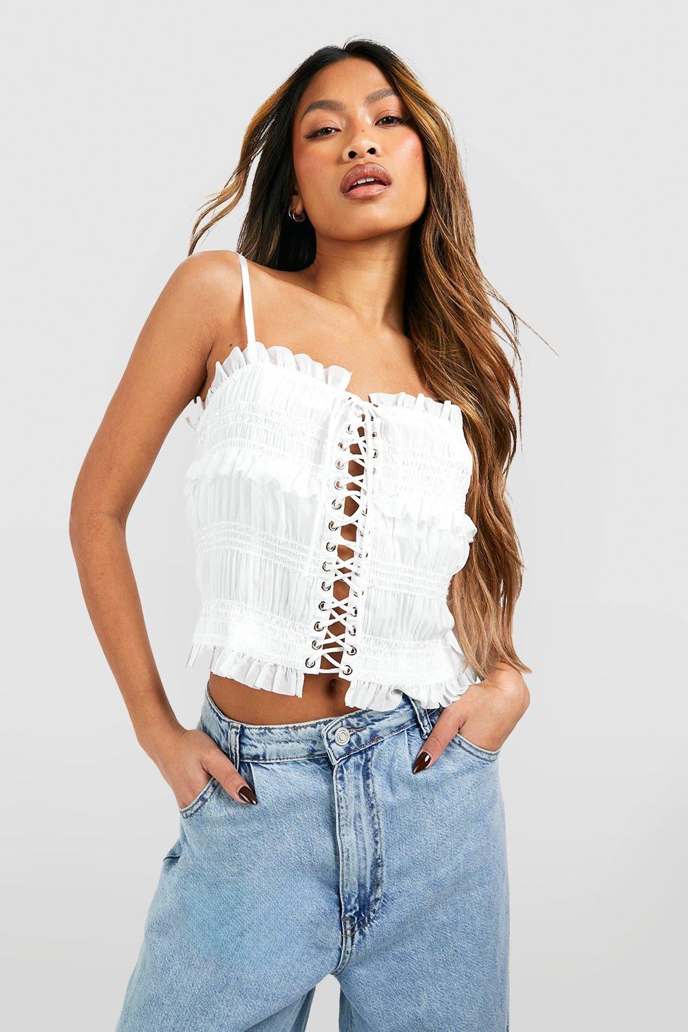 Womens Chiffon Sheered Lace Up Top - White - 16, White