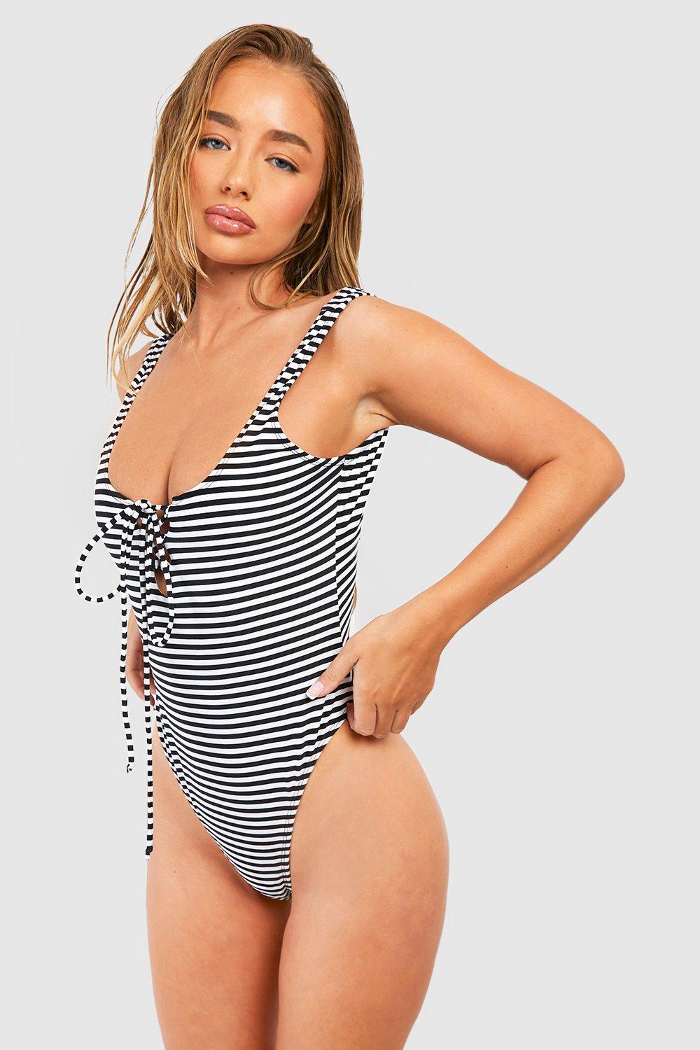 Womens Stripe Tummy Control Lace Up Swimsuit - Black - 6, Black