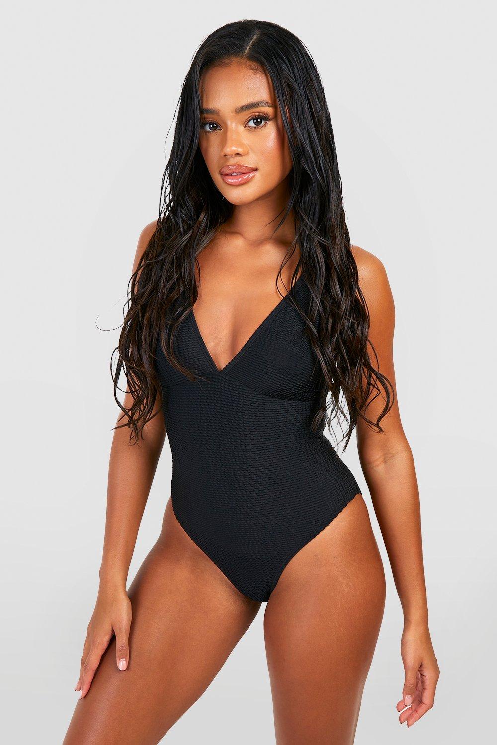 Womens Crinkle Plunge Swimsuit - Black - 12, Black