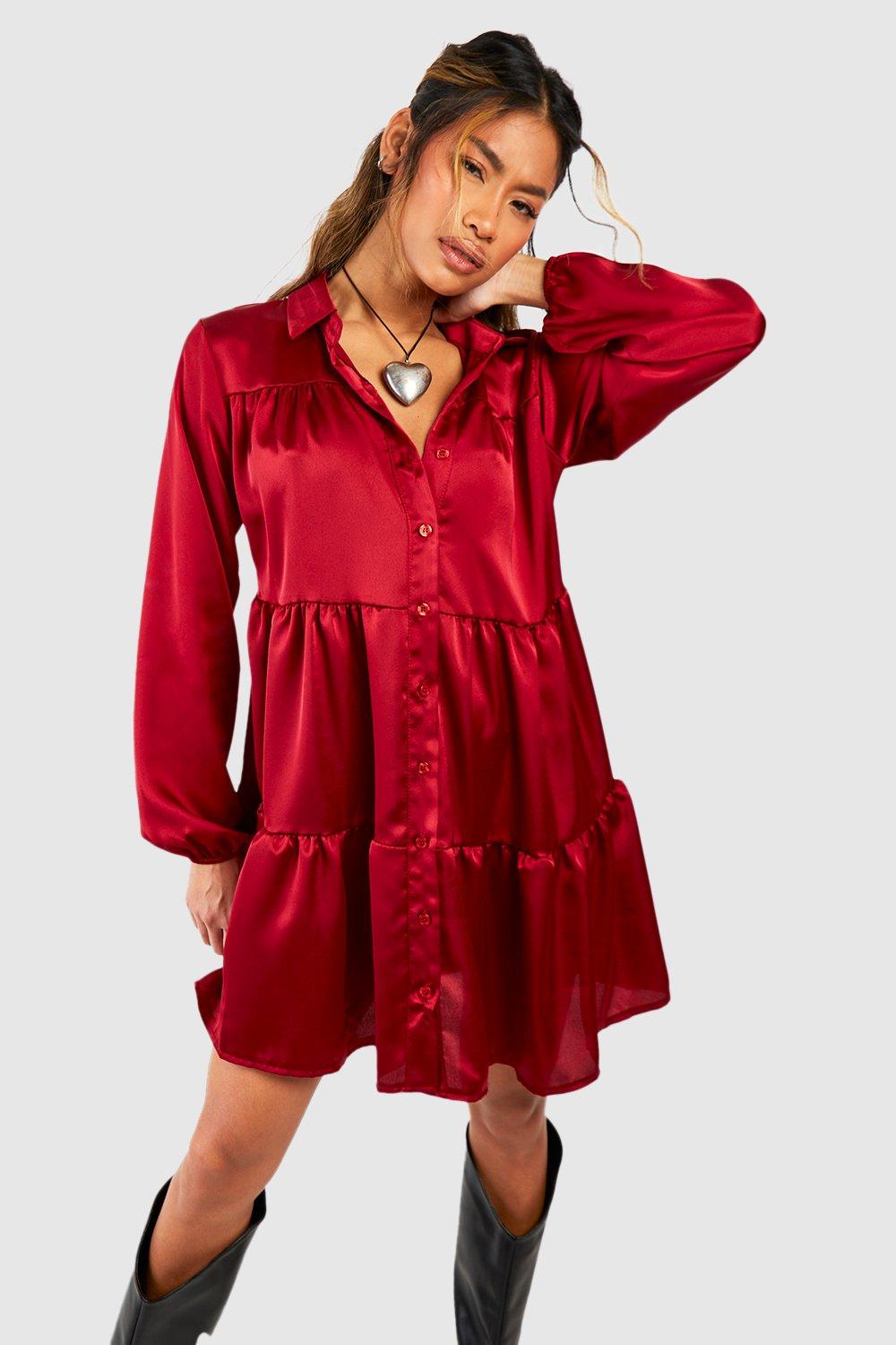 Image of Vestito camicia a grembiule in raso con balze, Rosso