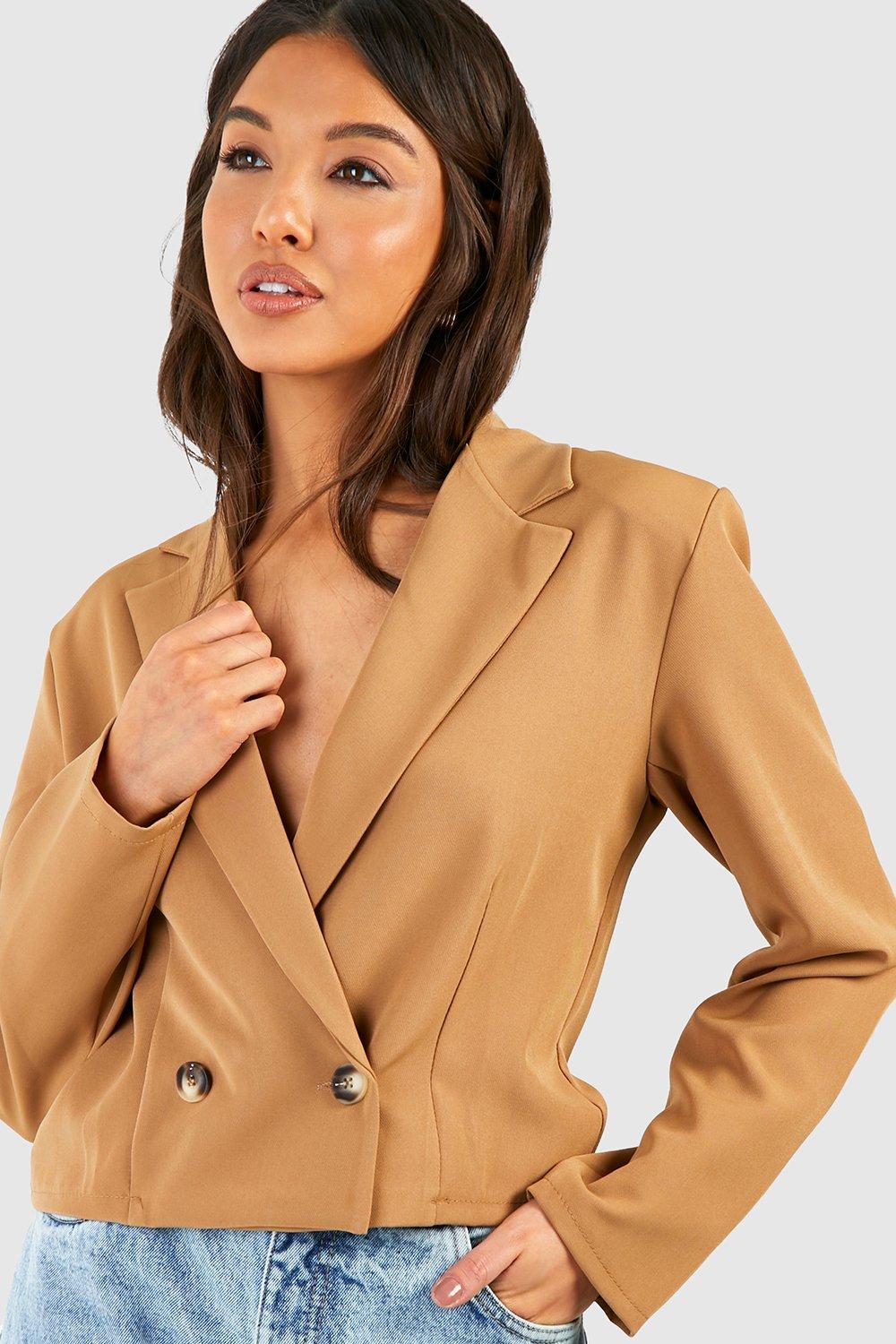 Boohoo Korte Basic Long Line Blazer Met Dubbele Knopen, Camel