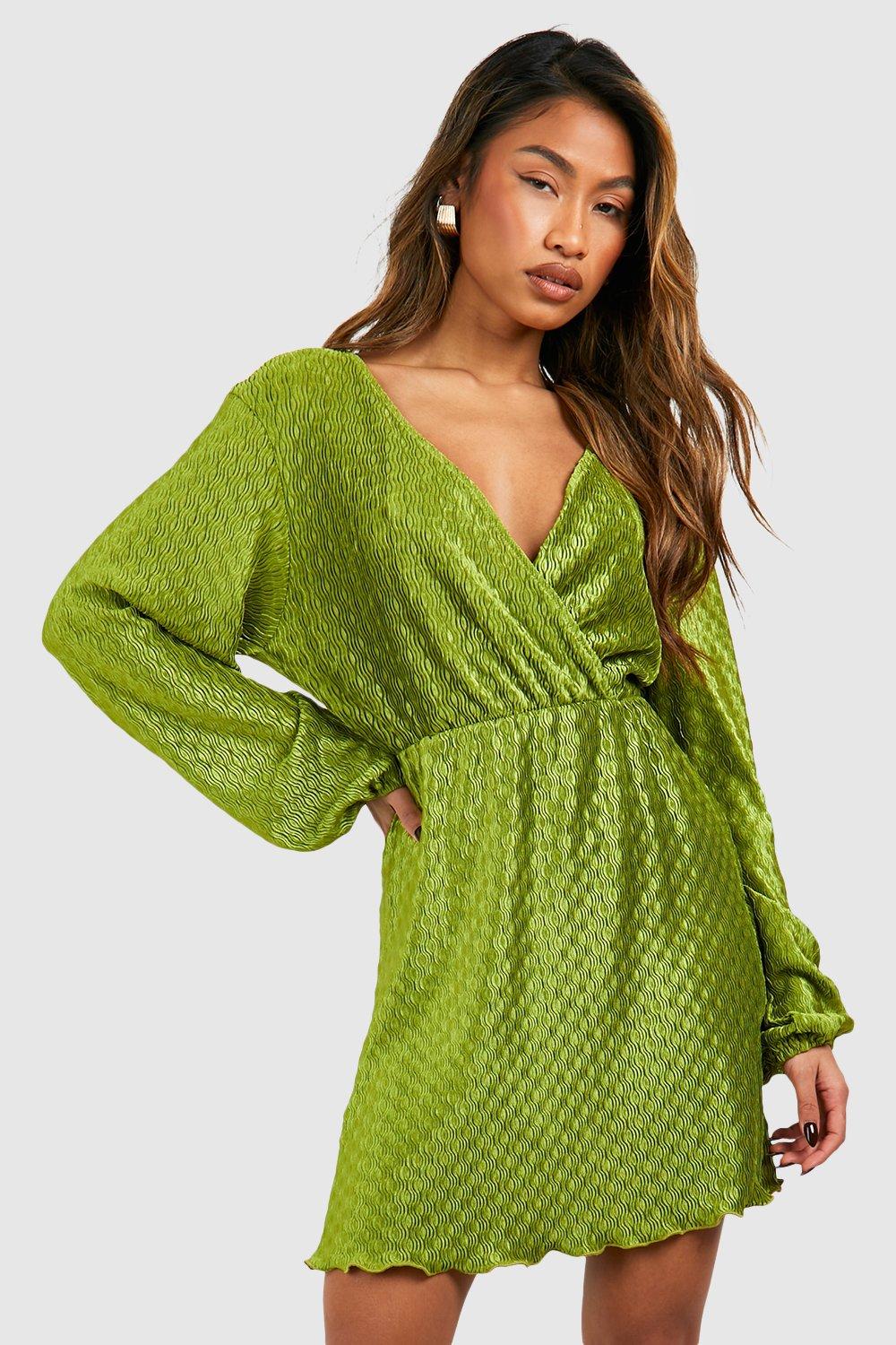 womens wave plisse blouson mini dress - green - 8, green