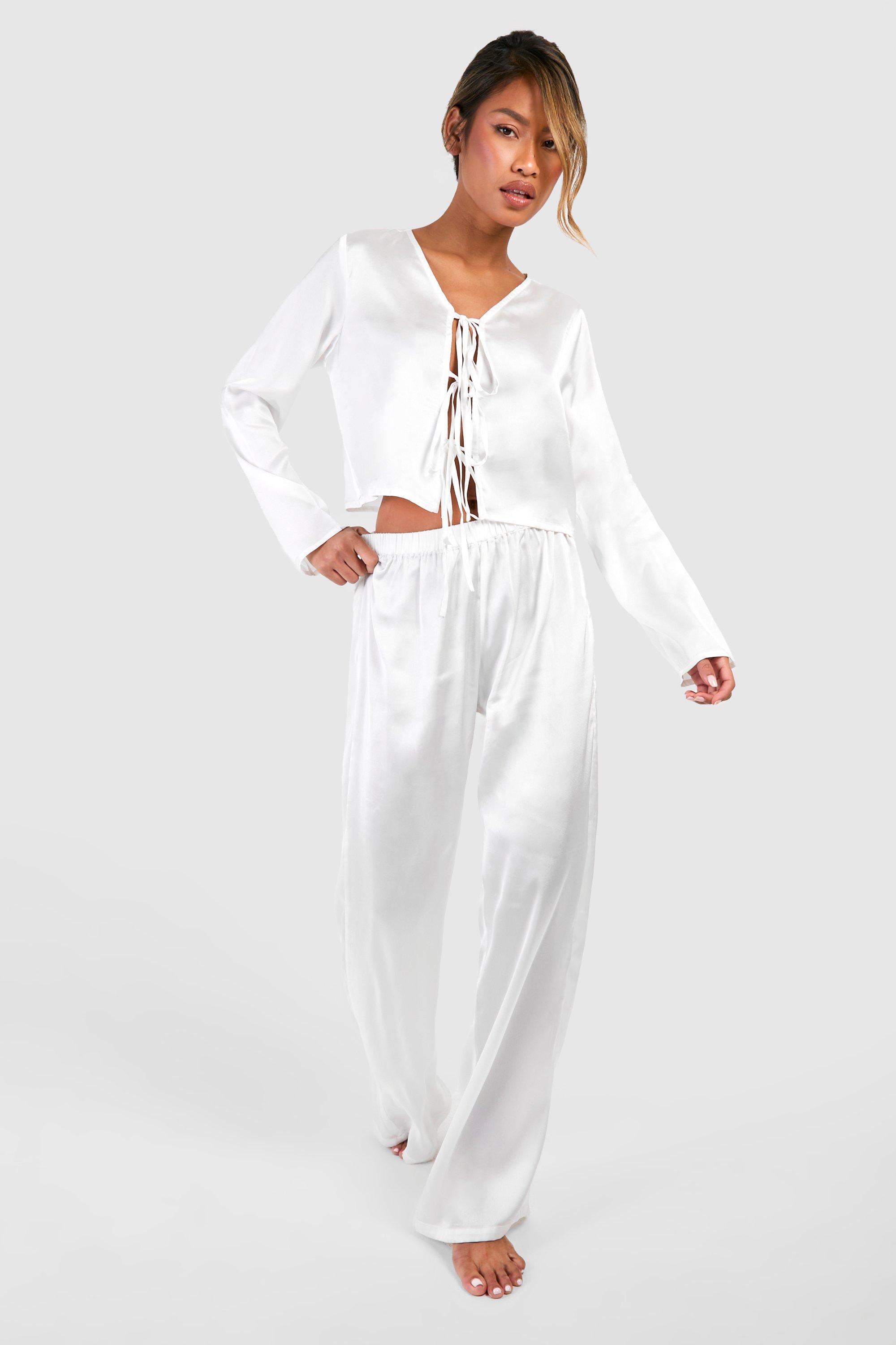 Womens Tie Front Satin Trouser Pyjama Set - White - 8, White