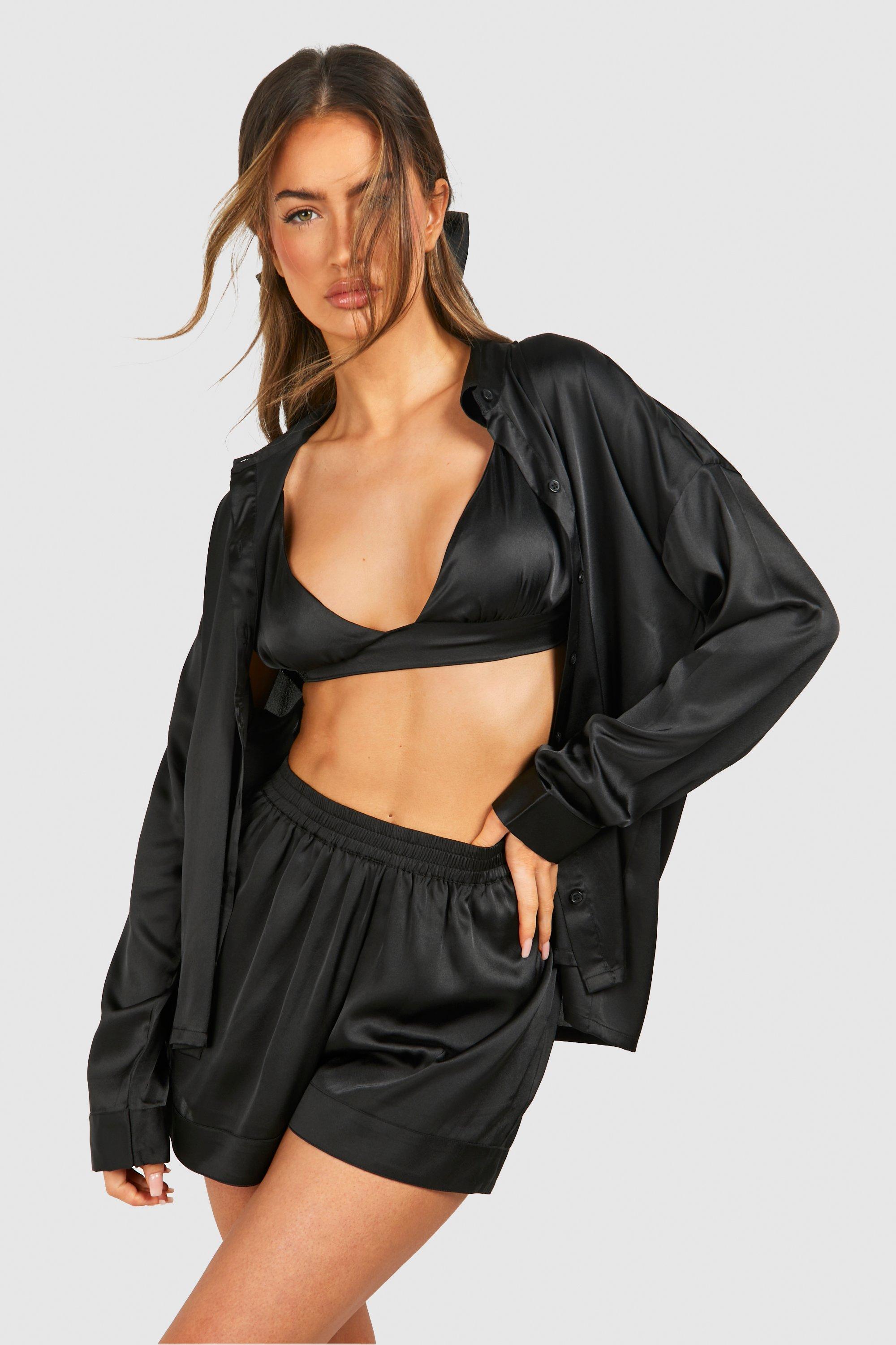 Womens Satin 3 Piece Short Pyjama Set - Black - 10, Black