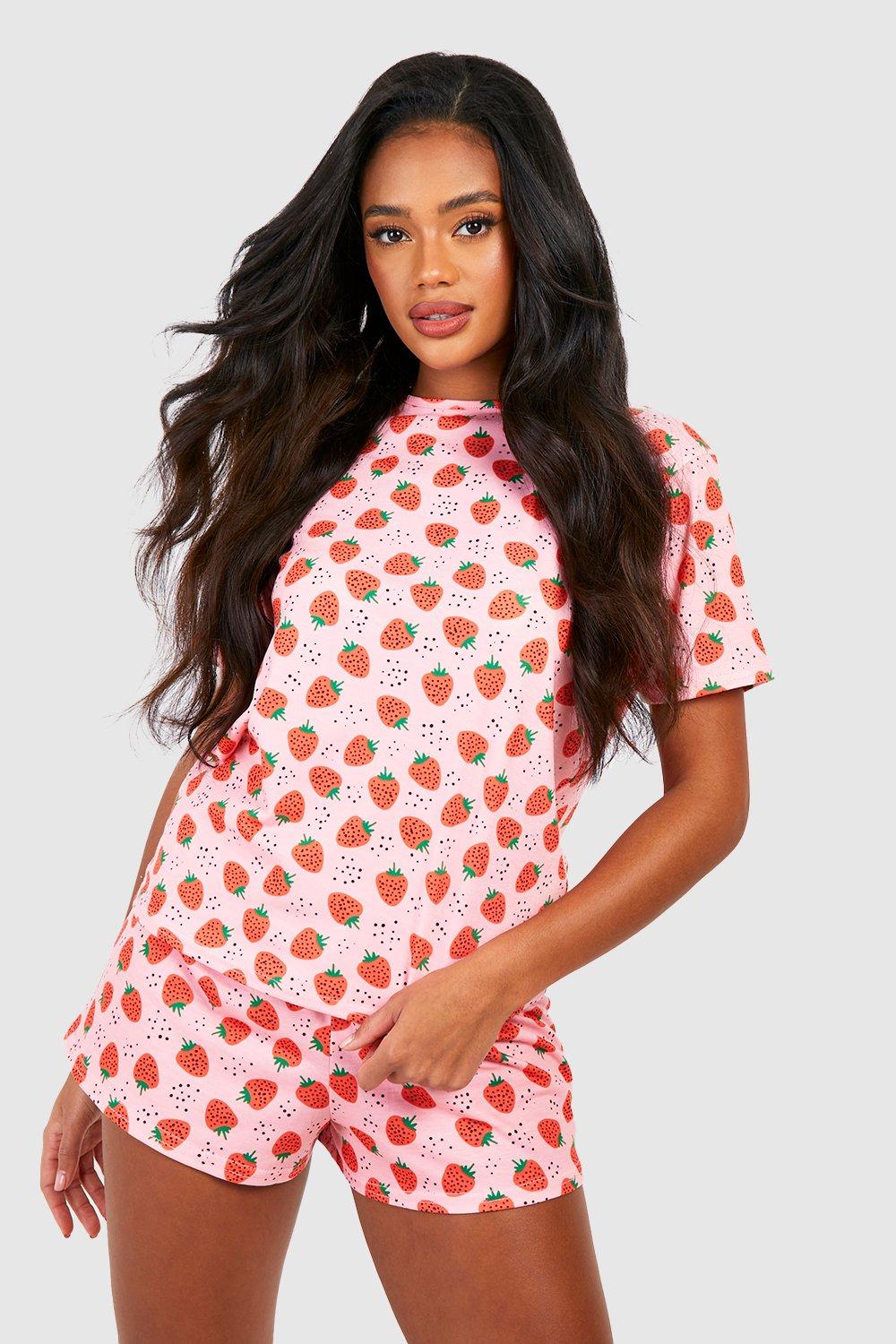 Womens Strawberry Print Pyjama Shorts Set - Red - 16, Red