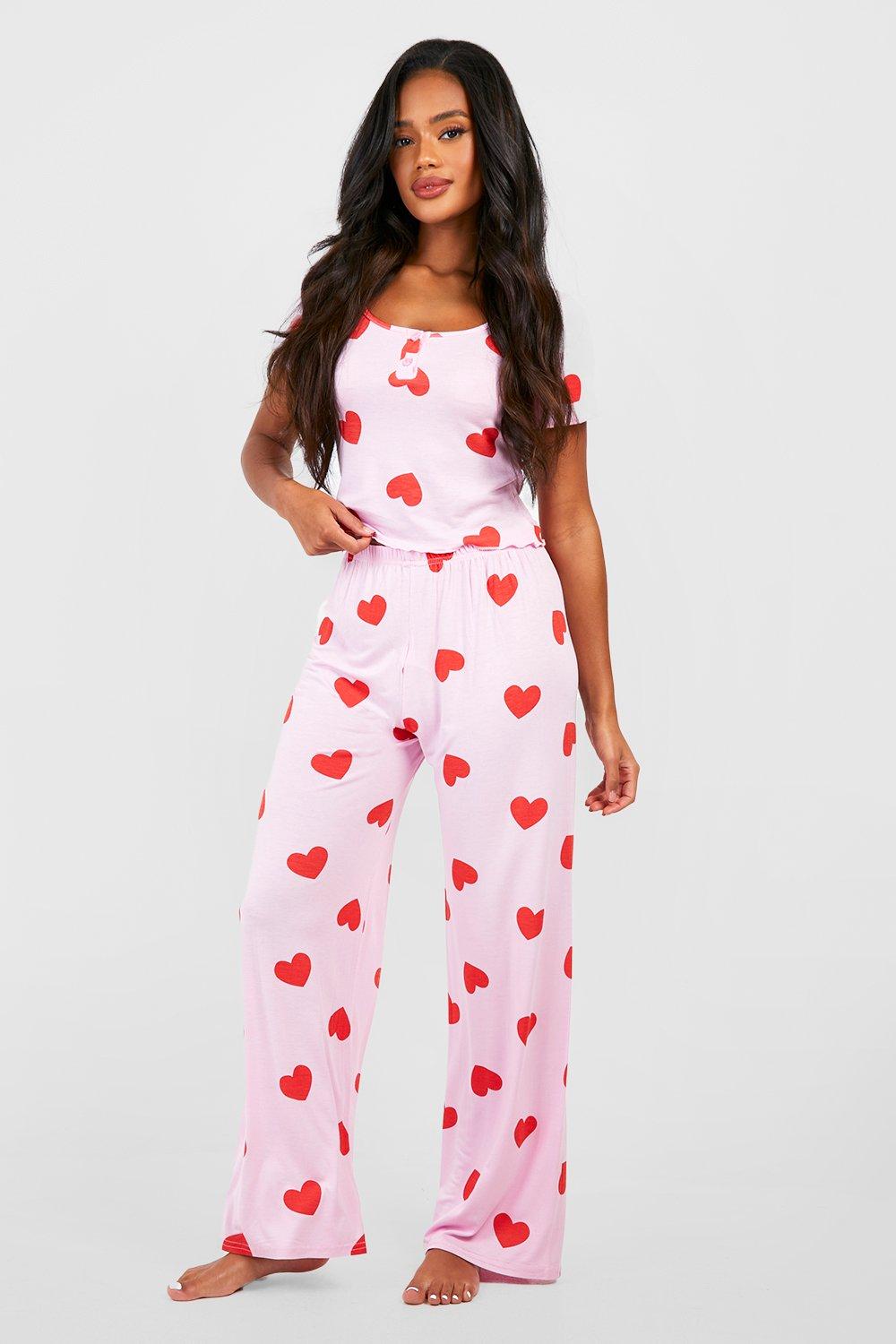 Womens Heart Print Button Front Pyjamas - Pink - 8, Pink