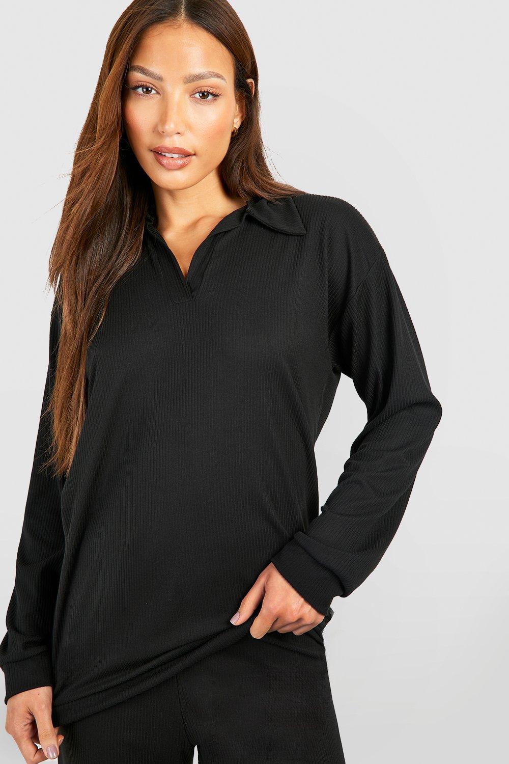 Womens Tall Brushed Rib Open Collar Oversized Tee - Black - 6, Black