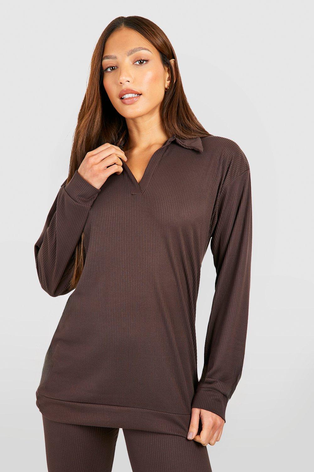 Womens Tall Brushed Rib Open Collar Oversized Tee - Brown - 12, Brown