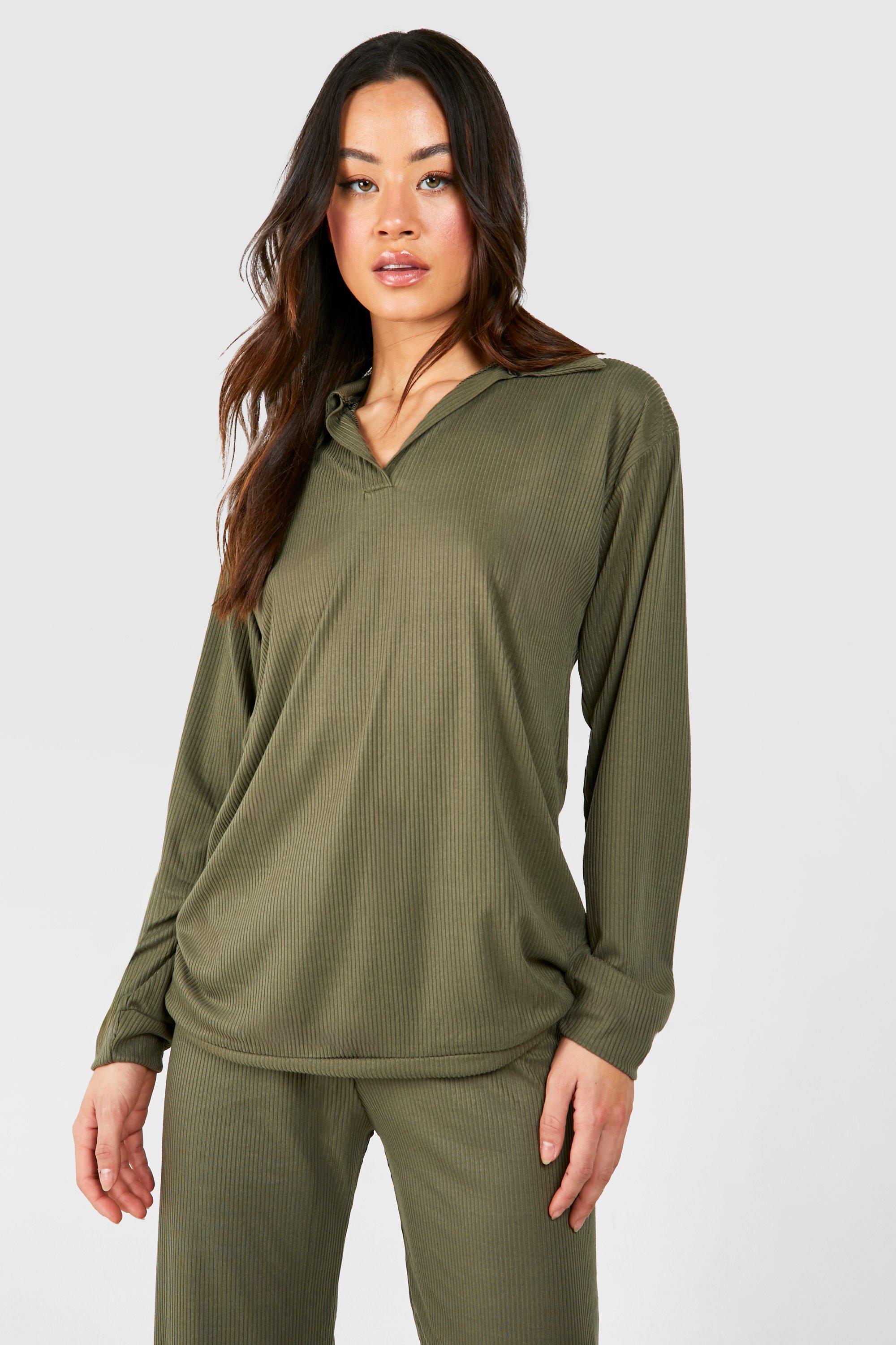 Womens Tall Brushed Rib Open Collar Oversized Tee - Green - 14, Green