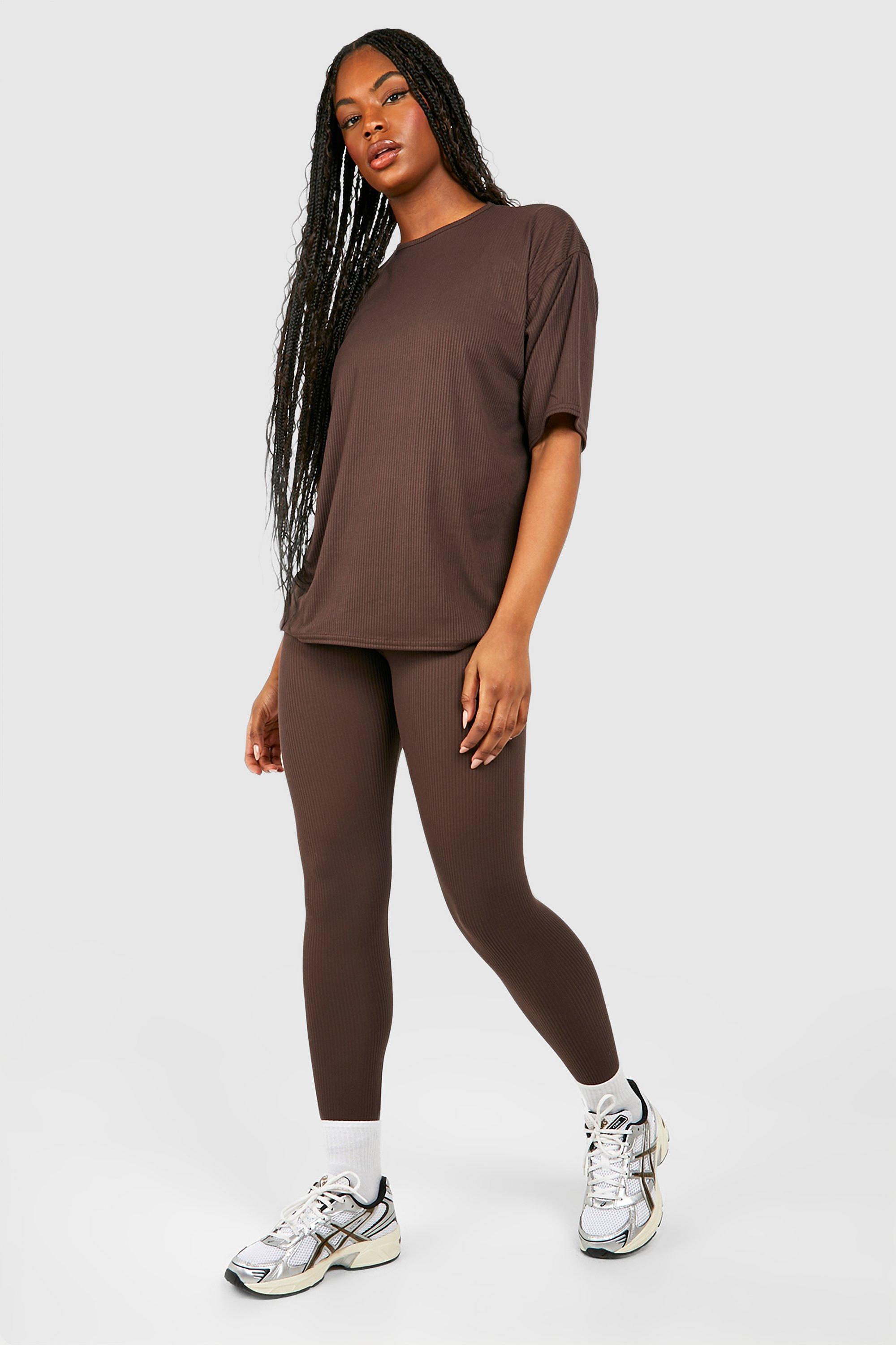 Womens Tall Brushed Rib Oversized Tee And Legging Set - Brown - 10, Brown