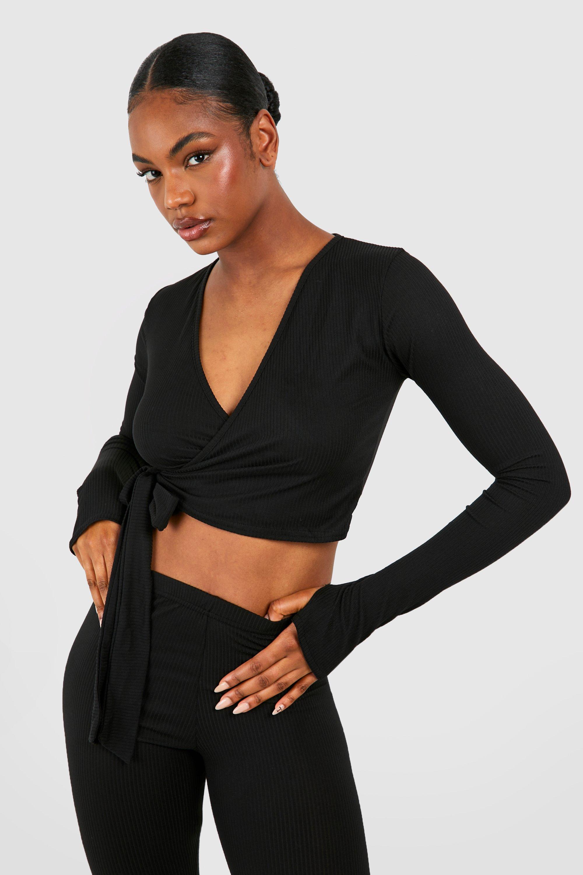 Womens Tall Brushed Rib Ballet Wrap Top - Black - 8, Black