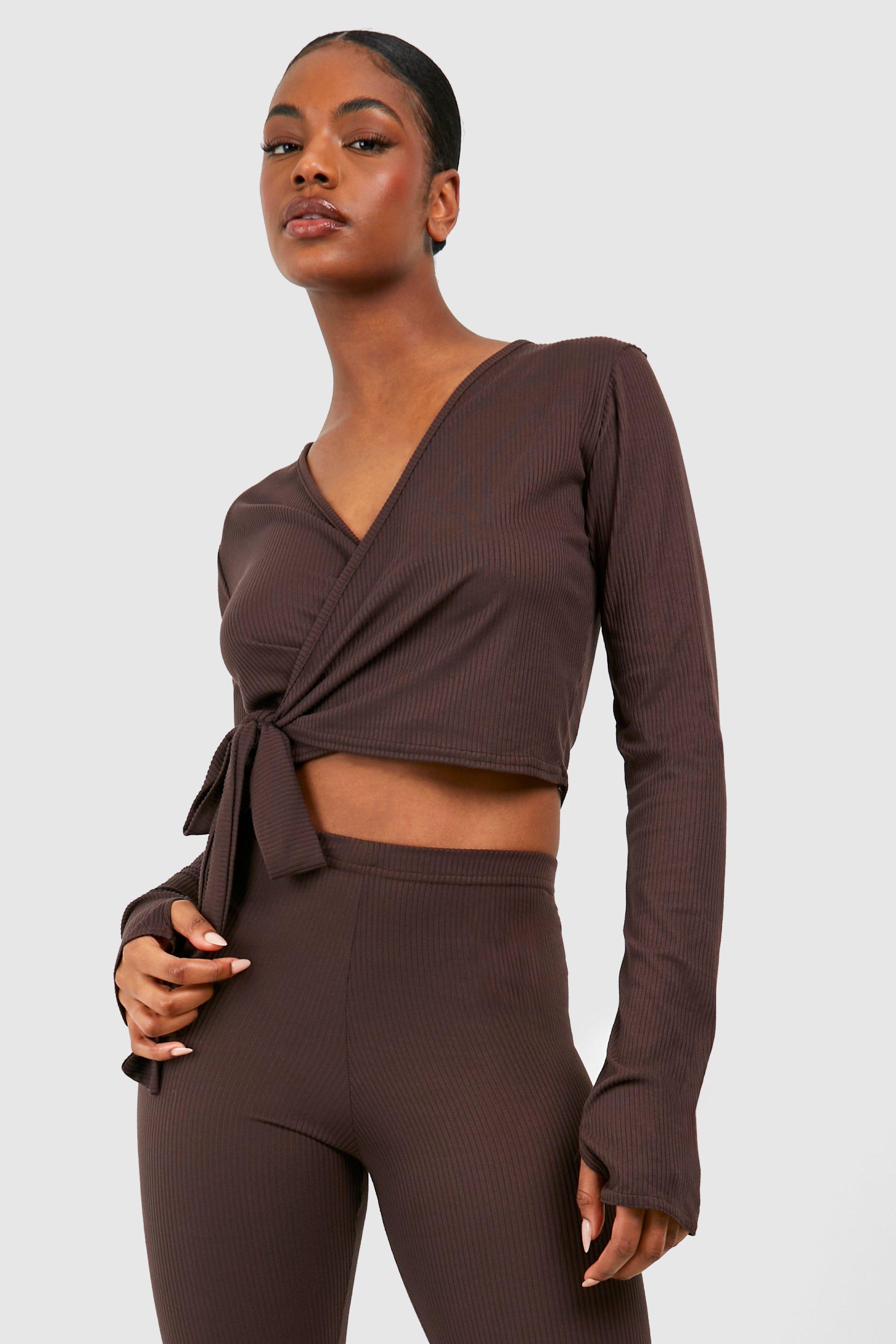 Womens Tall Brushed Rib Ballet Wrap Top - Brown - 8, Brown