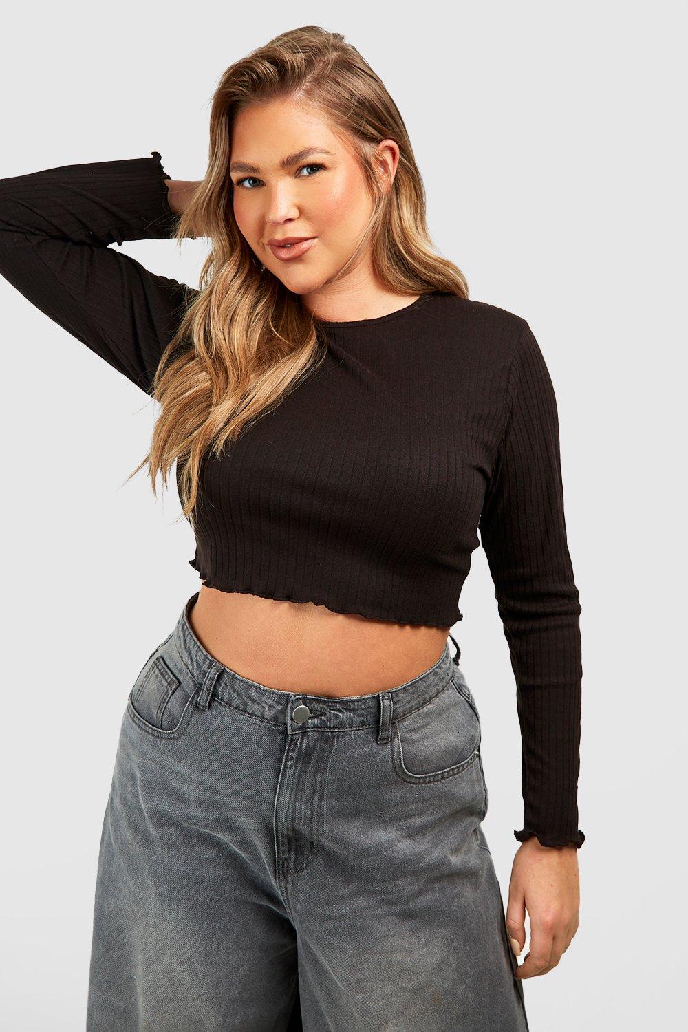 Womens Plus Rib Long Sleeve Lounge Cropped Top - Black - 26, Black