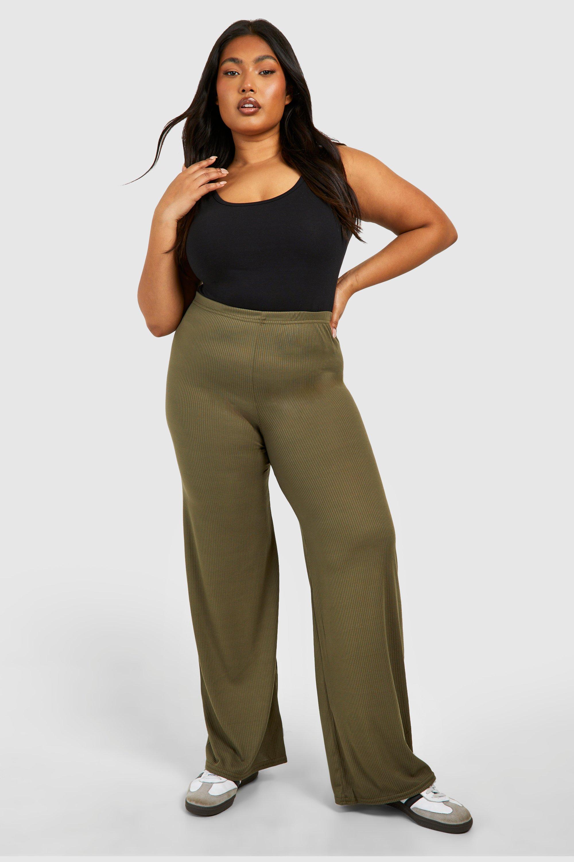 Womens Plus Rib Lounge Wide Leg Trousers - Green - 28, Green