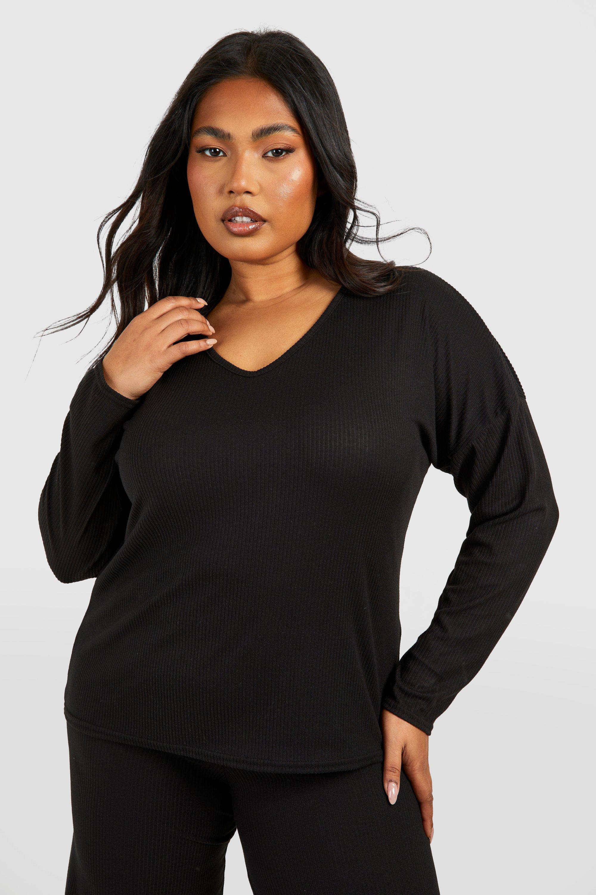 Womens Plus Rib V Neck Long Sleeve Lounge Top - Black - 22, Black