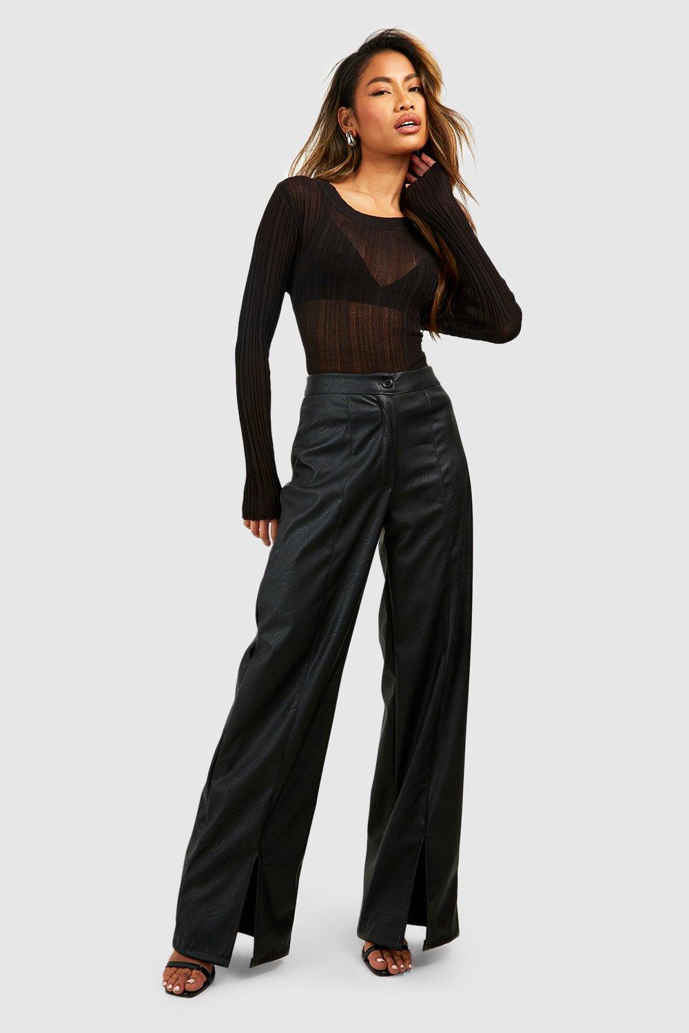 Womens Leather Look Split Hem Straight Leg Trouser - Black - 8, Black