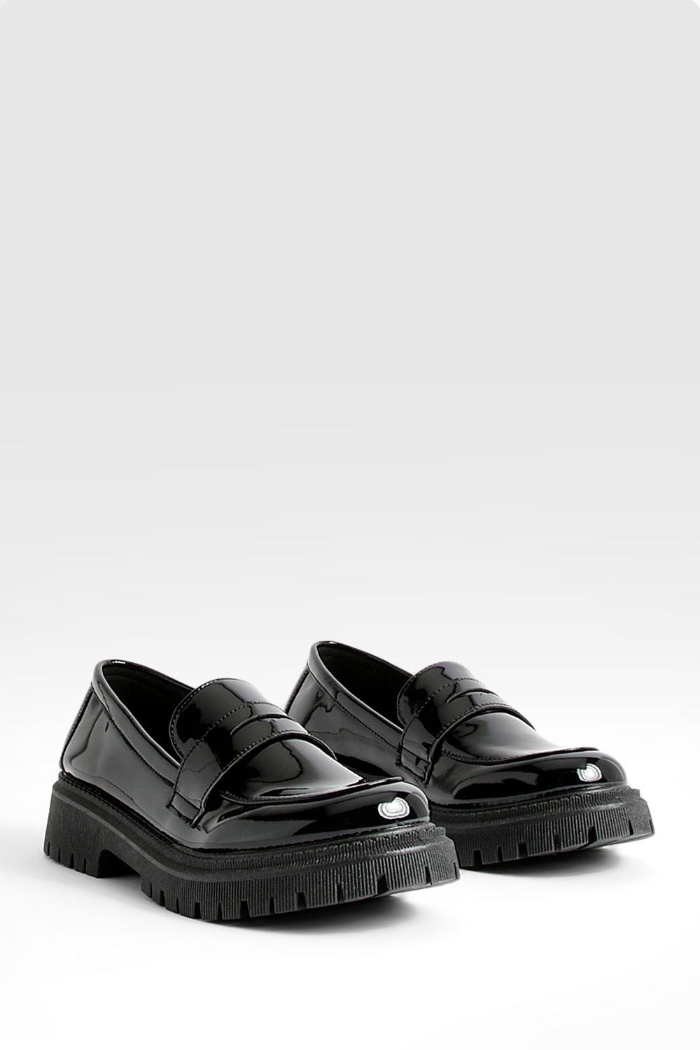 Womens Chunky Patent Loafers - Black - 7, Black