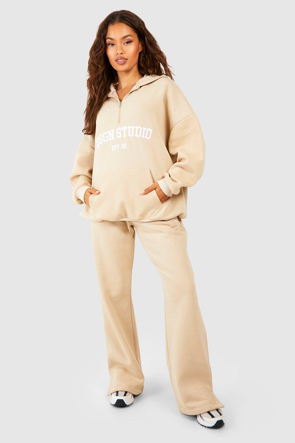 Womens Dsgn Studio Half Zip Hoodie Straight Leg Tracksuit - Beige - Xl, Beige