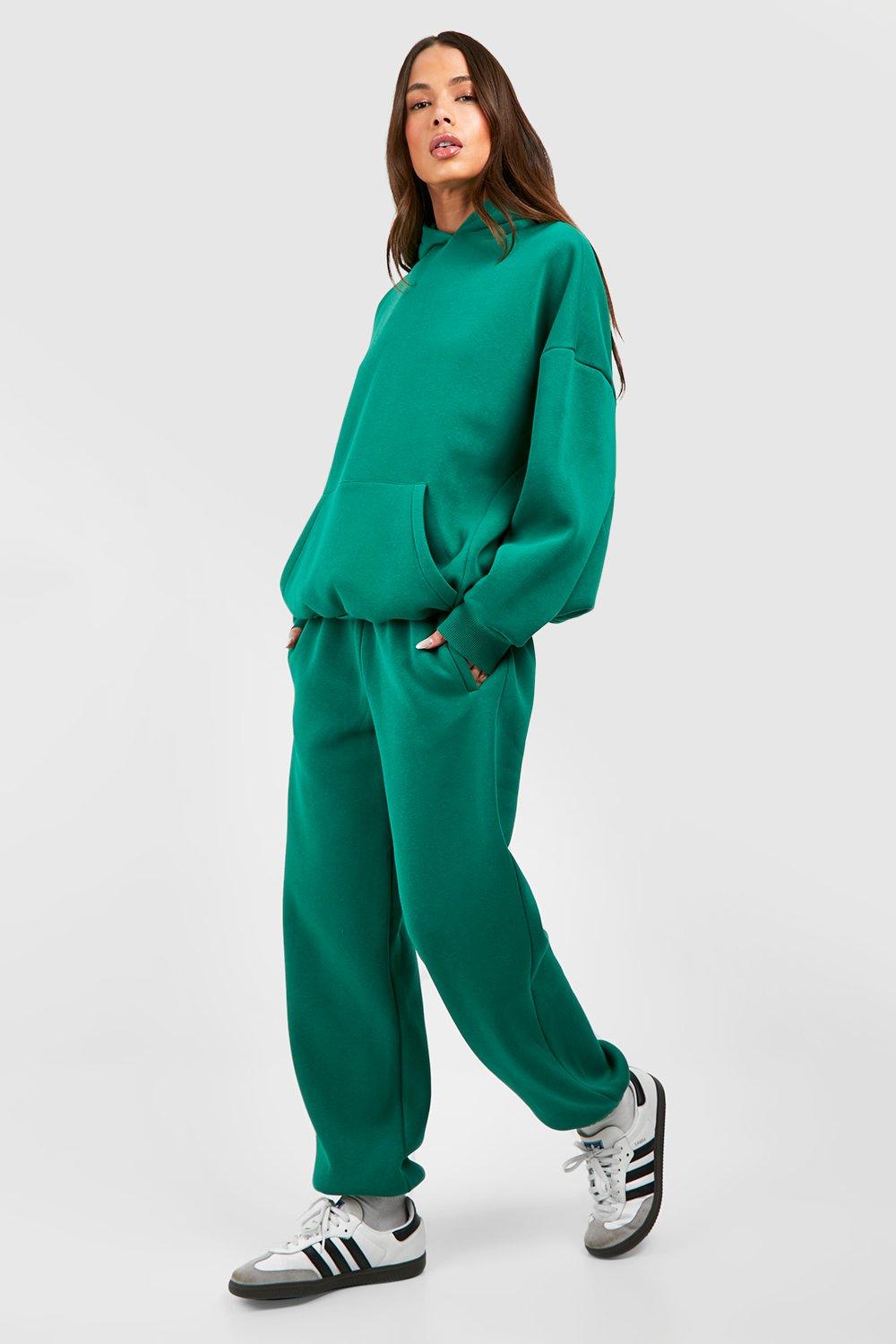 Womens Plain Hooded Cuffed Jogger Tracksuit - Green - L, Green