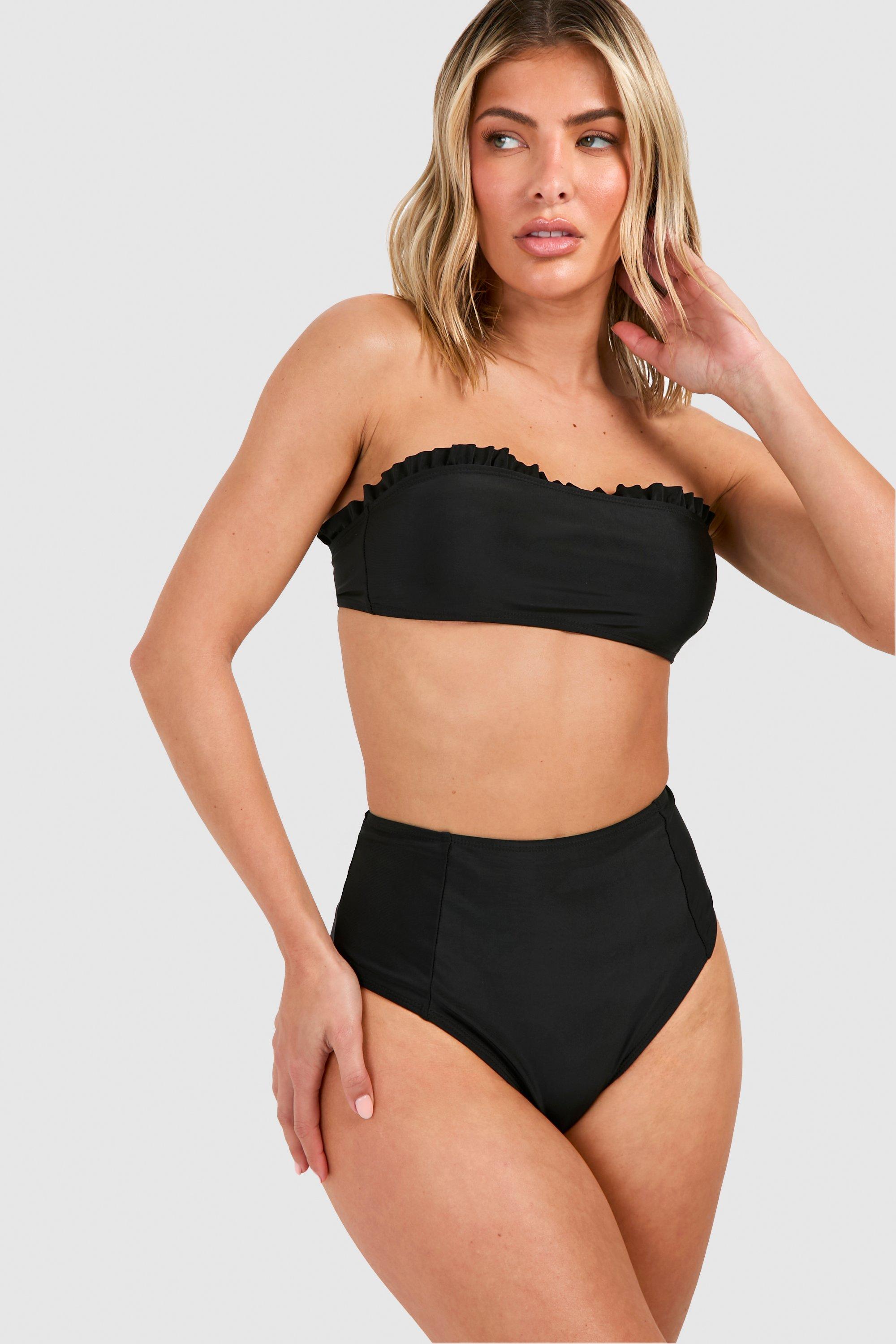 Image of Set bikini a fascia a vita alta con arricciature, Nero