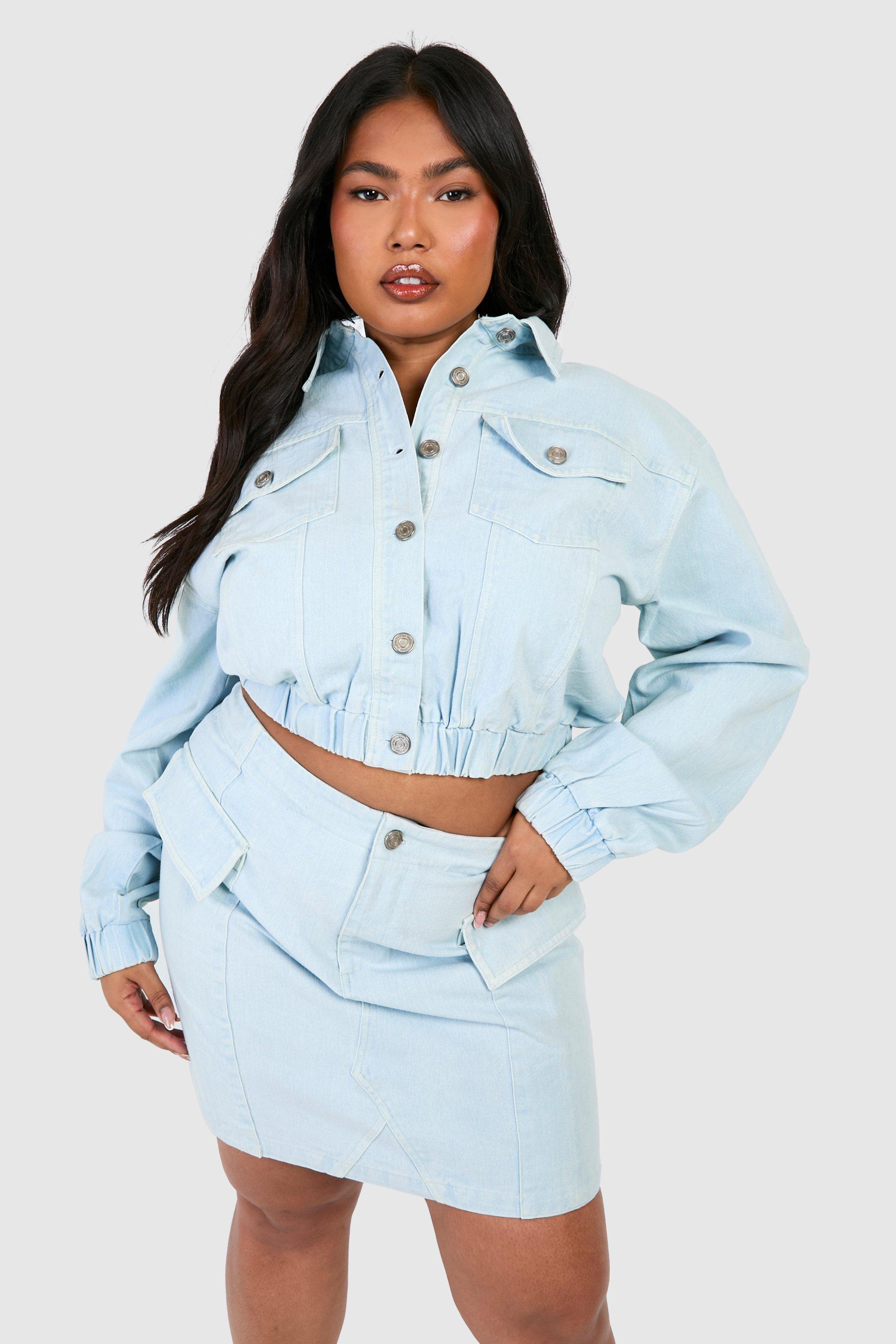 Womens Plus Bleach Wash Cropped Denim Bomber Jacket - Blue - 18, Blue