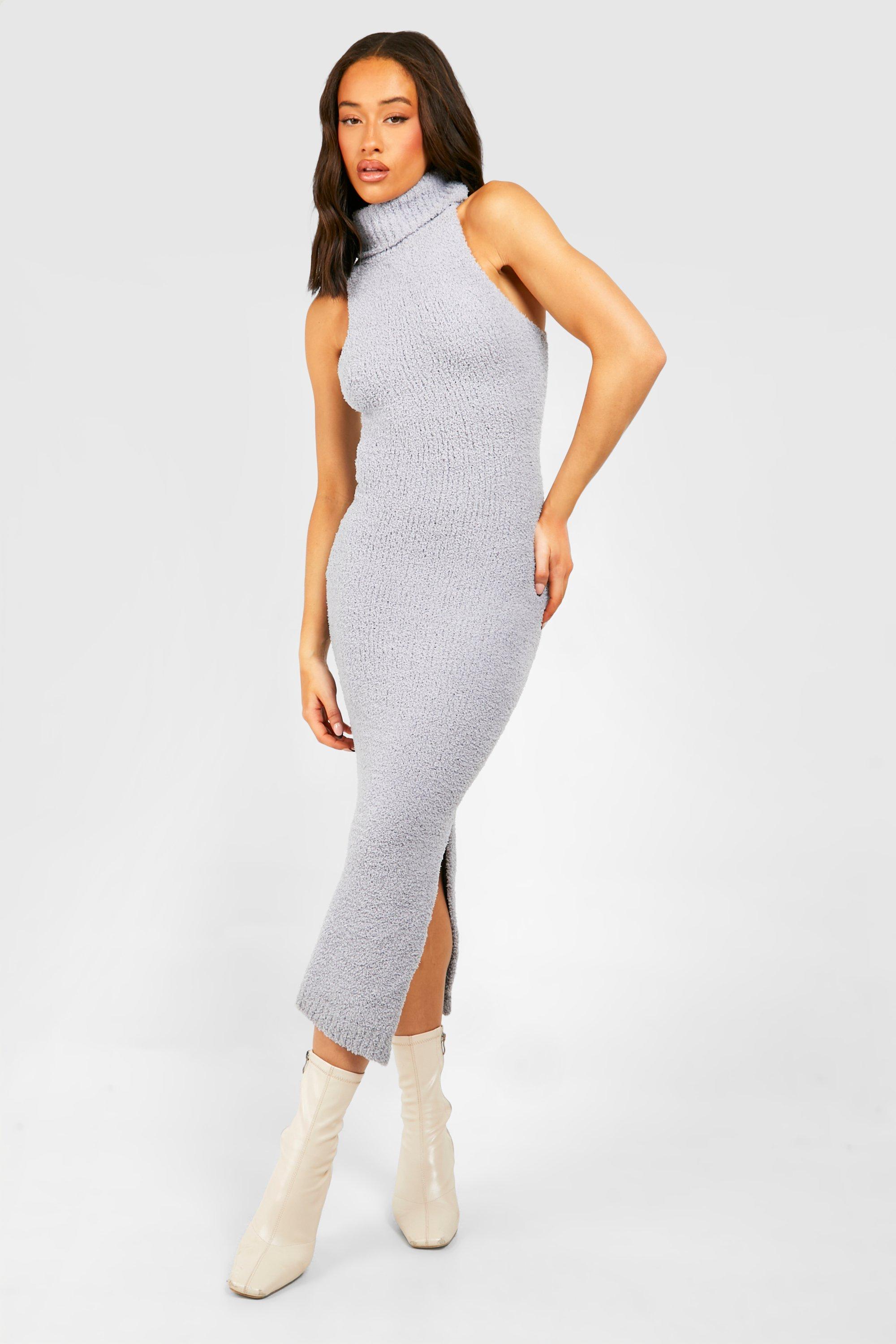 Womens Teddy Soft Roll Neck Sleeveless Knitted Dress - Grey - Xl, Grey