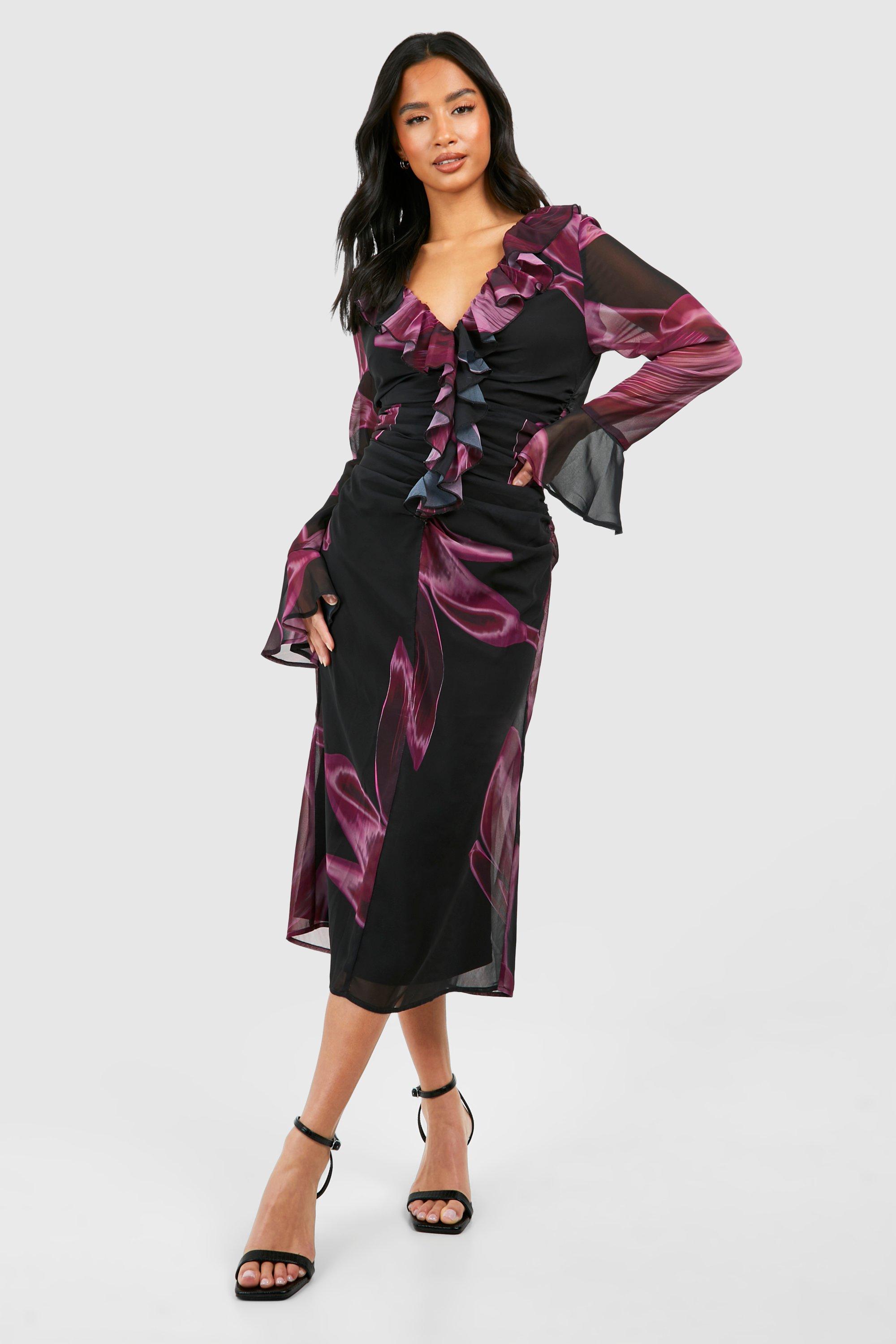 Image of Vestito longuette Petite in tessuto scuro a fiori con arricciature e ruches, Purple