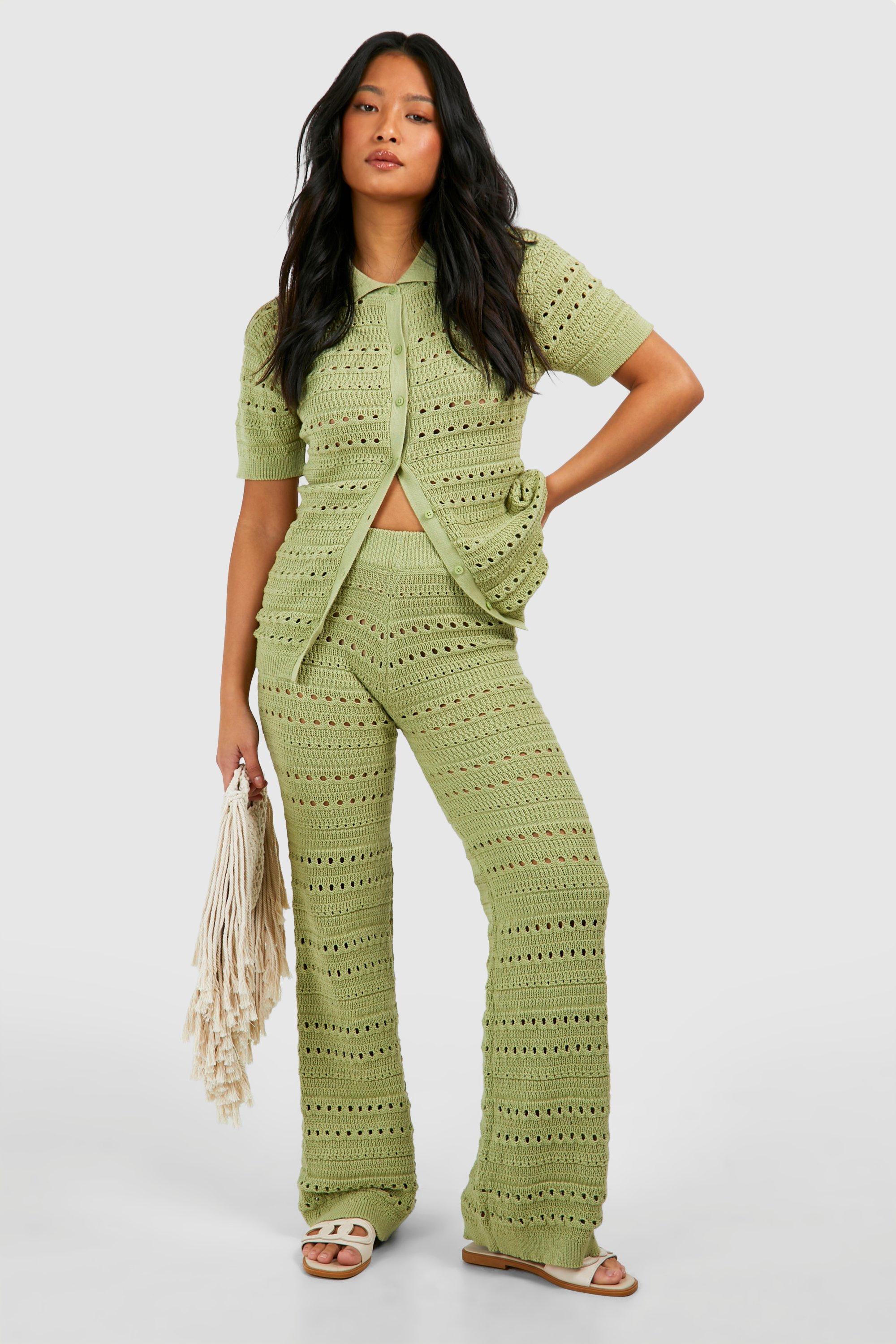 Womens Petite Crochet Knitted Shirt And Wide Leg Trouser Co-Ord - Green - 14, Green