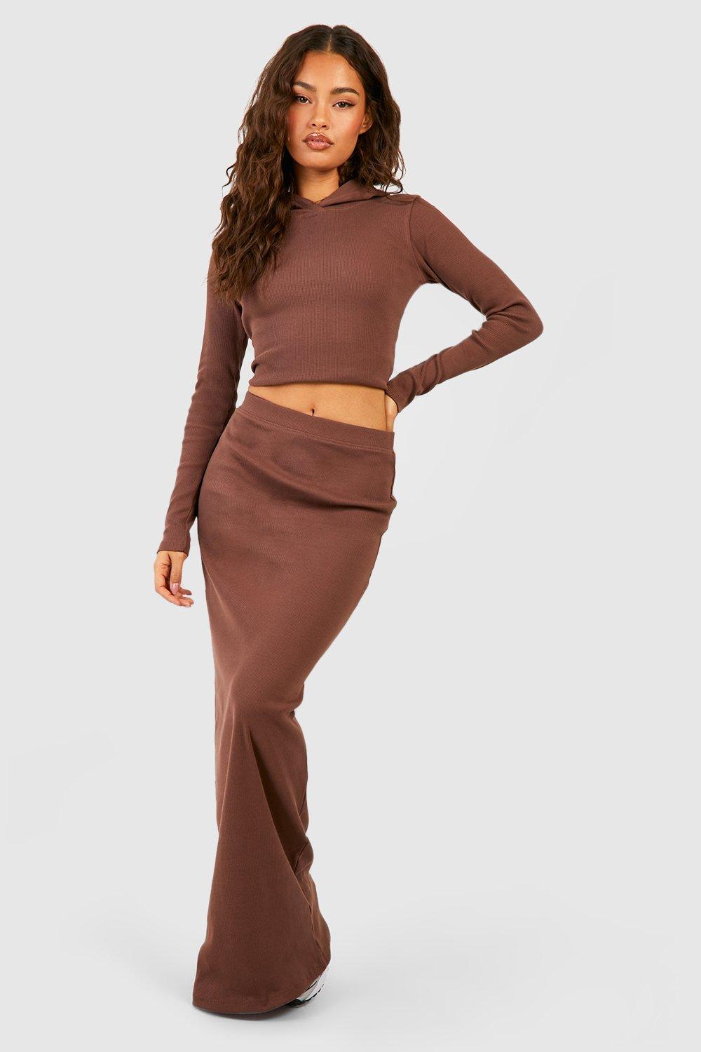 Womens Heavy Weight Rib Cropped Hoodie And Skirt Set - Brown - Xs, Brown