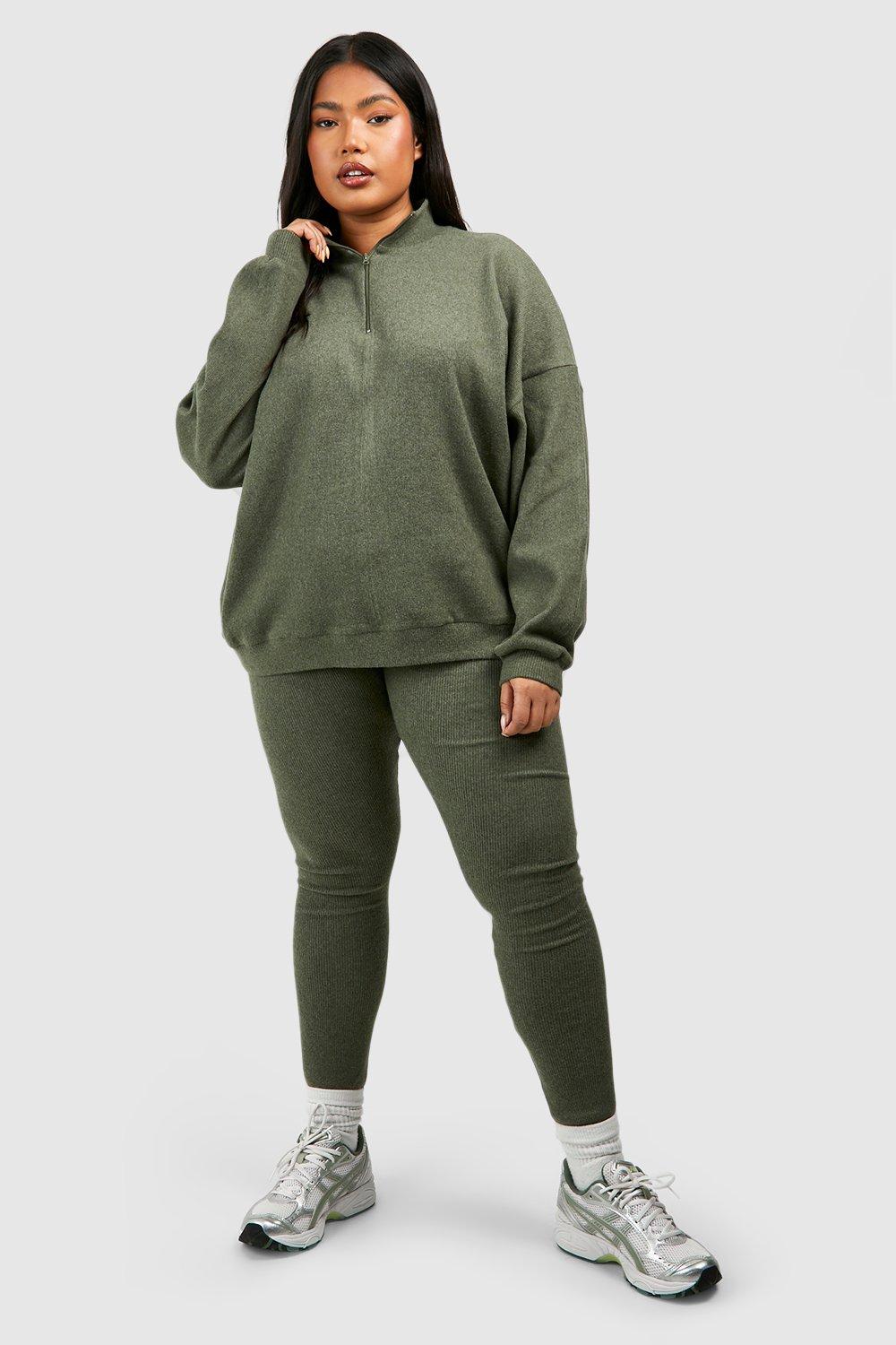Image of Set Plus Size legging spazzolato a coste con zip corta, Verde