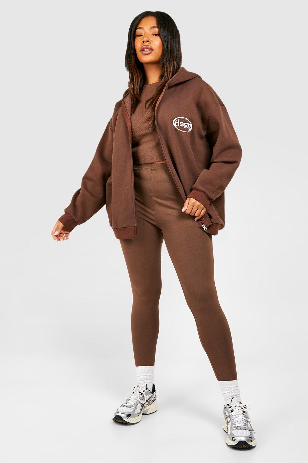 Womens Plus Legging Set And Zip Through Hoodie Tracksuit - Brown - 28, Brown