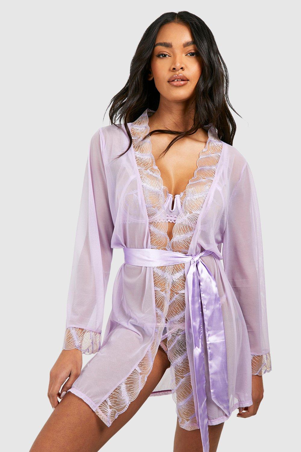 Womens Lace Edge Mesh Robe - Purple - S, Purple