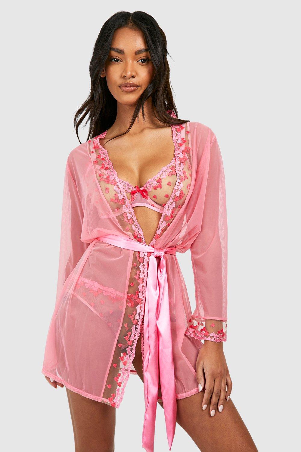 Womens Heart Mesh Lace Edge Robe - Pink - M, Pink