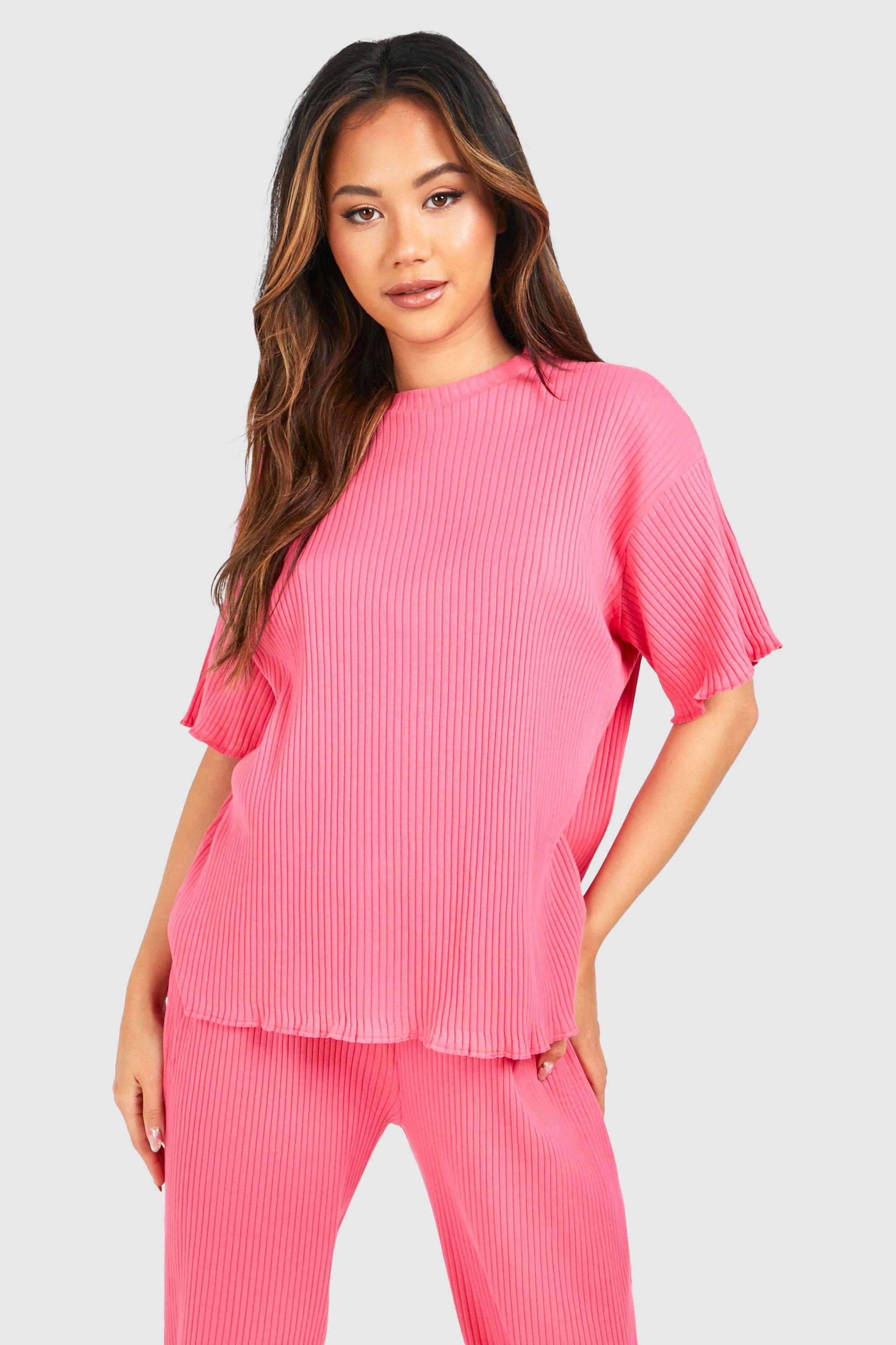 Womens Rib Oversized Lettuce Hem Tshirt - Pink - 16, Pink