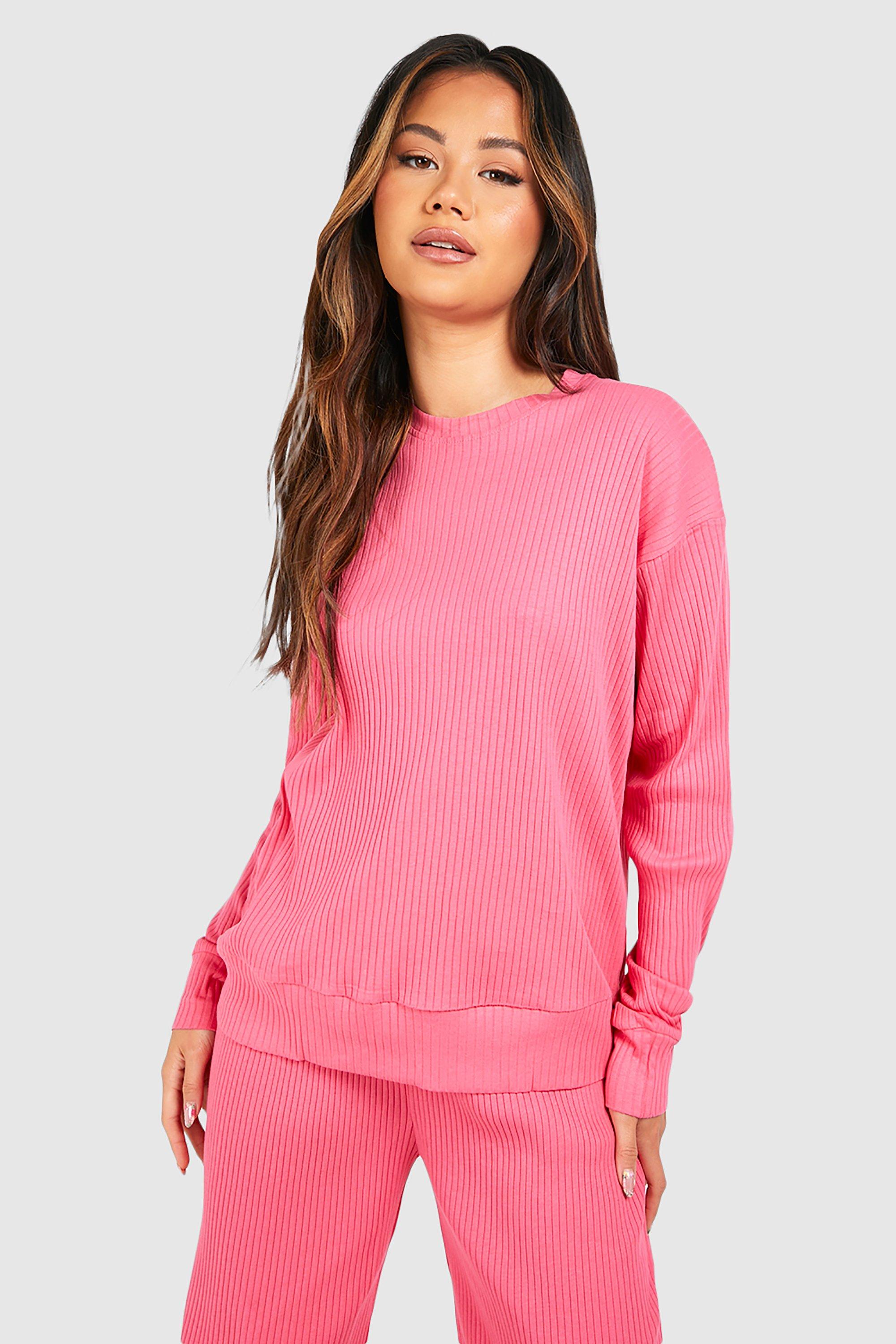 Womens Oversized Long Sleeve Rib T Shirt - Pink - 10, Pink