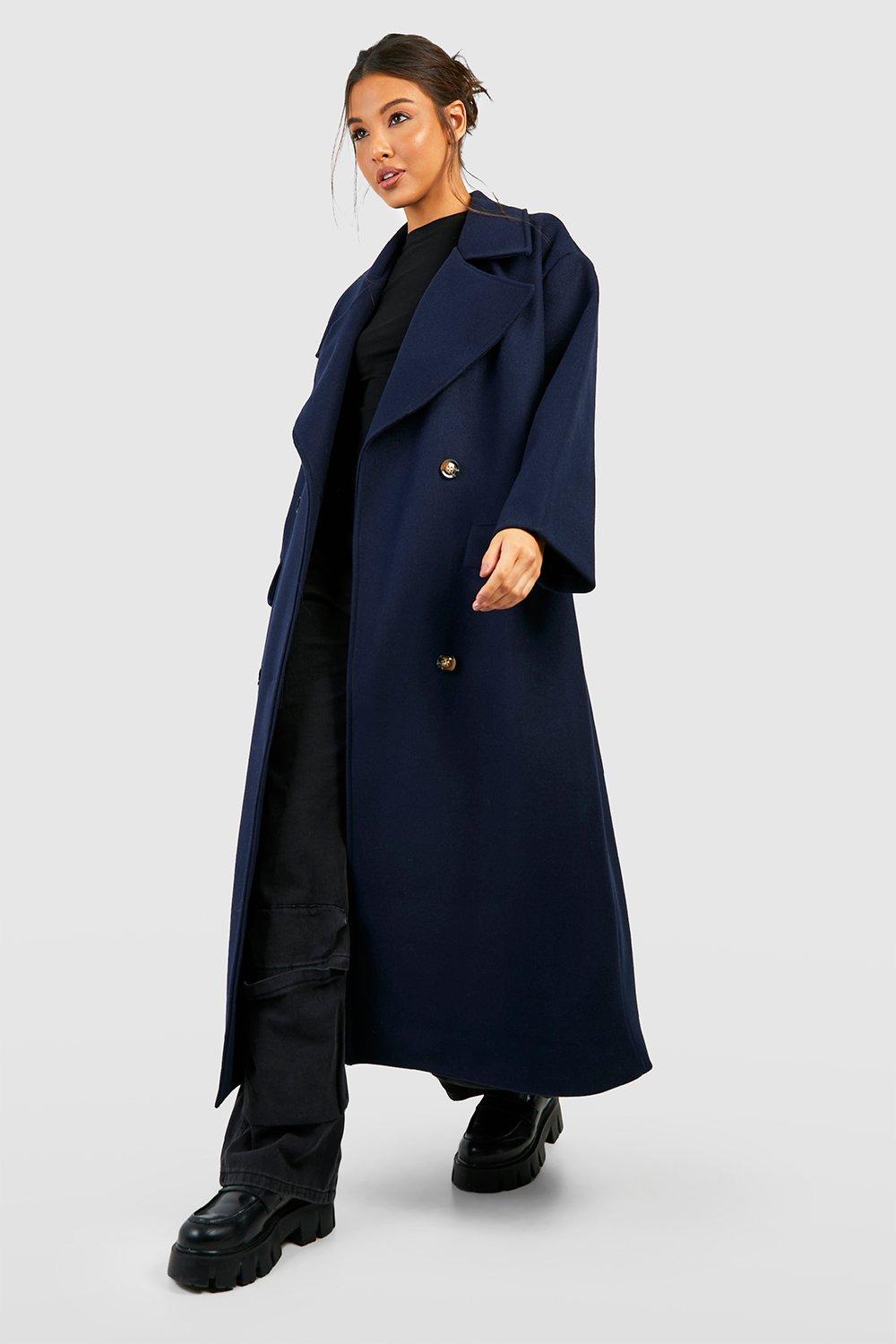 Womens Super Oversized Maxi Double Breasted Wool Look Coat - Navy - 12, Navy