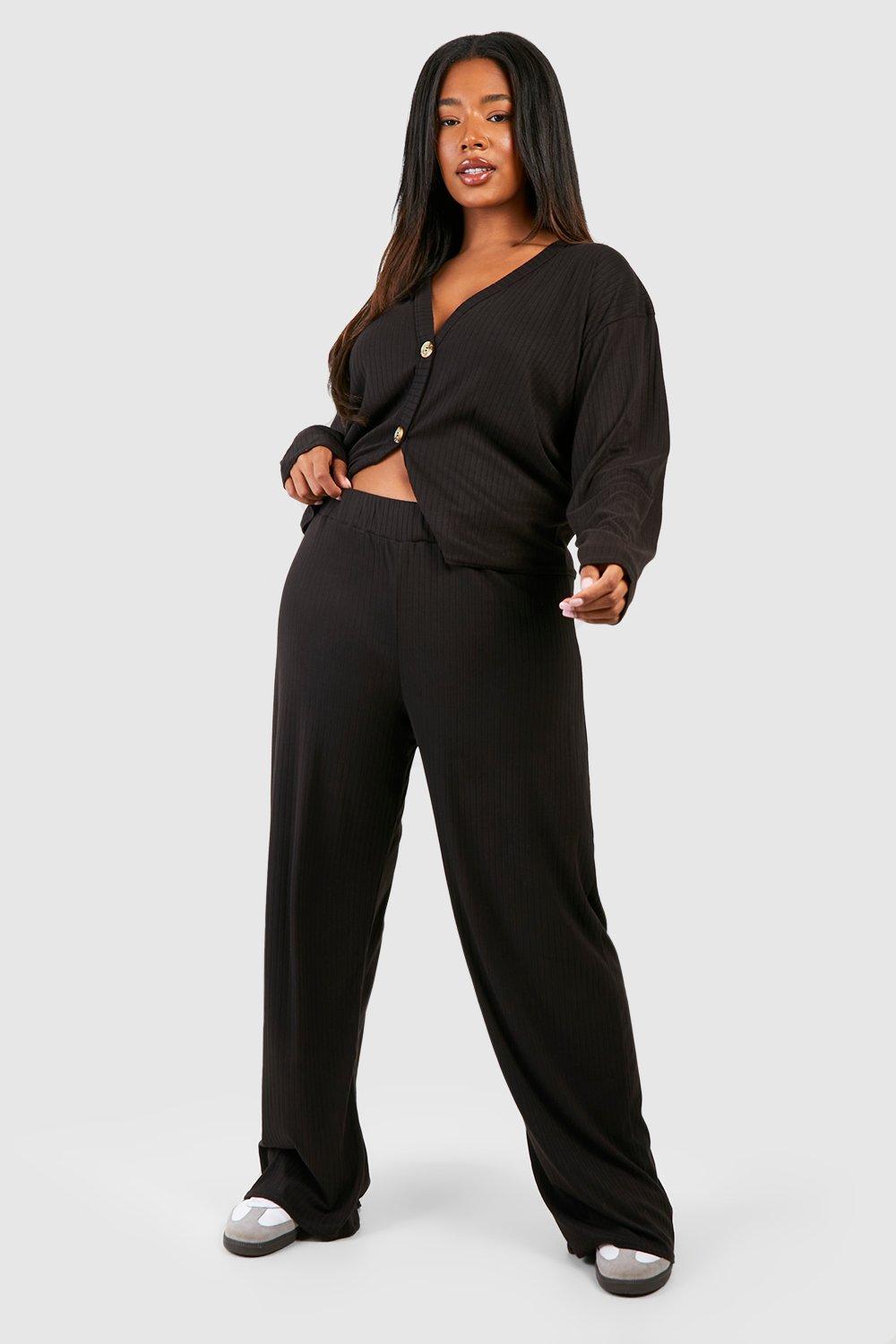 Womens Plus Soft Rib Cardigan And Trouser Set - Black - 26, Black