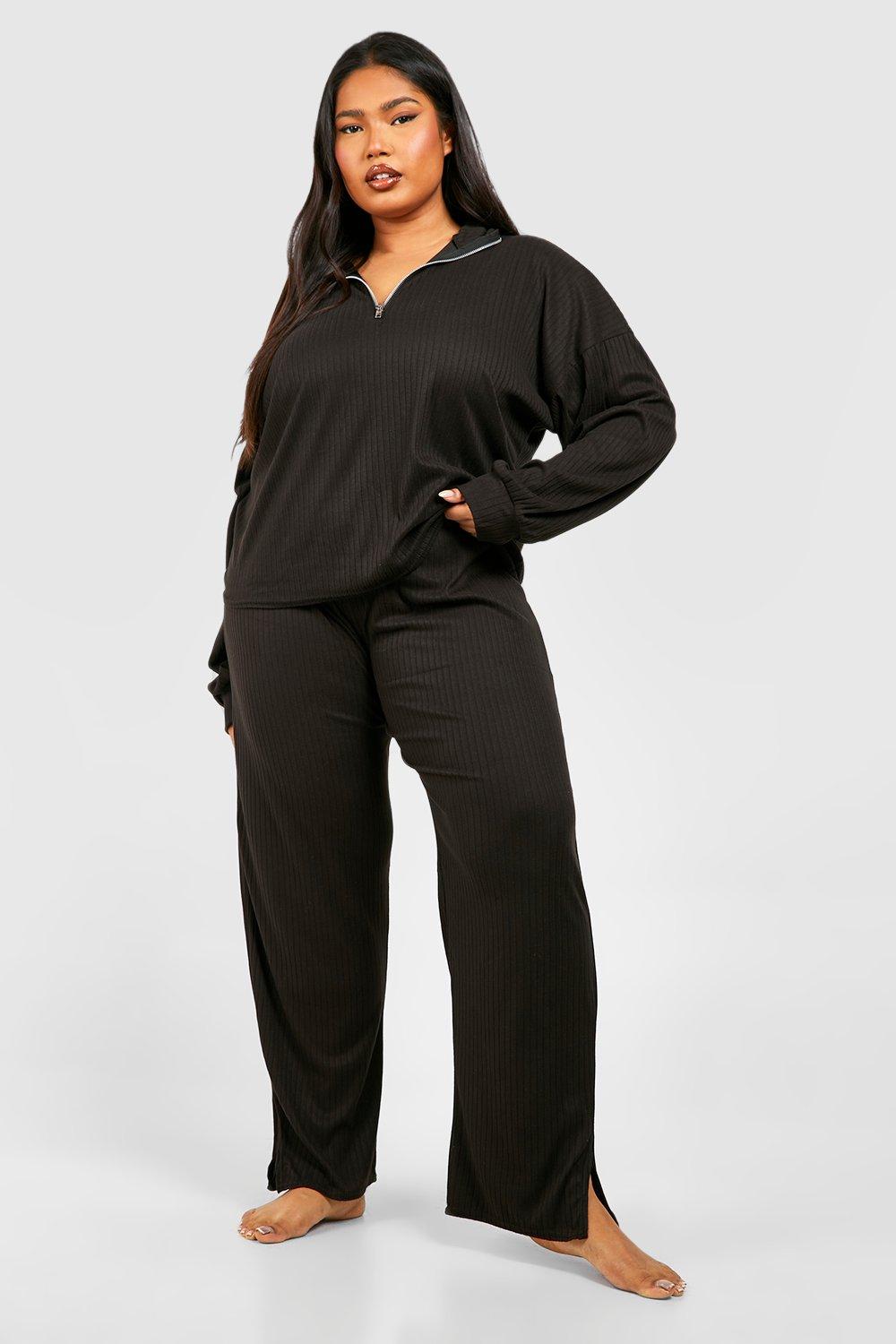 Womens Plus Soft Rib Half Zip And Split Hem Jogger - Black - 18, Black