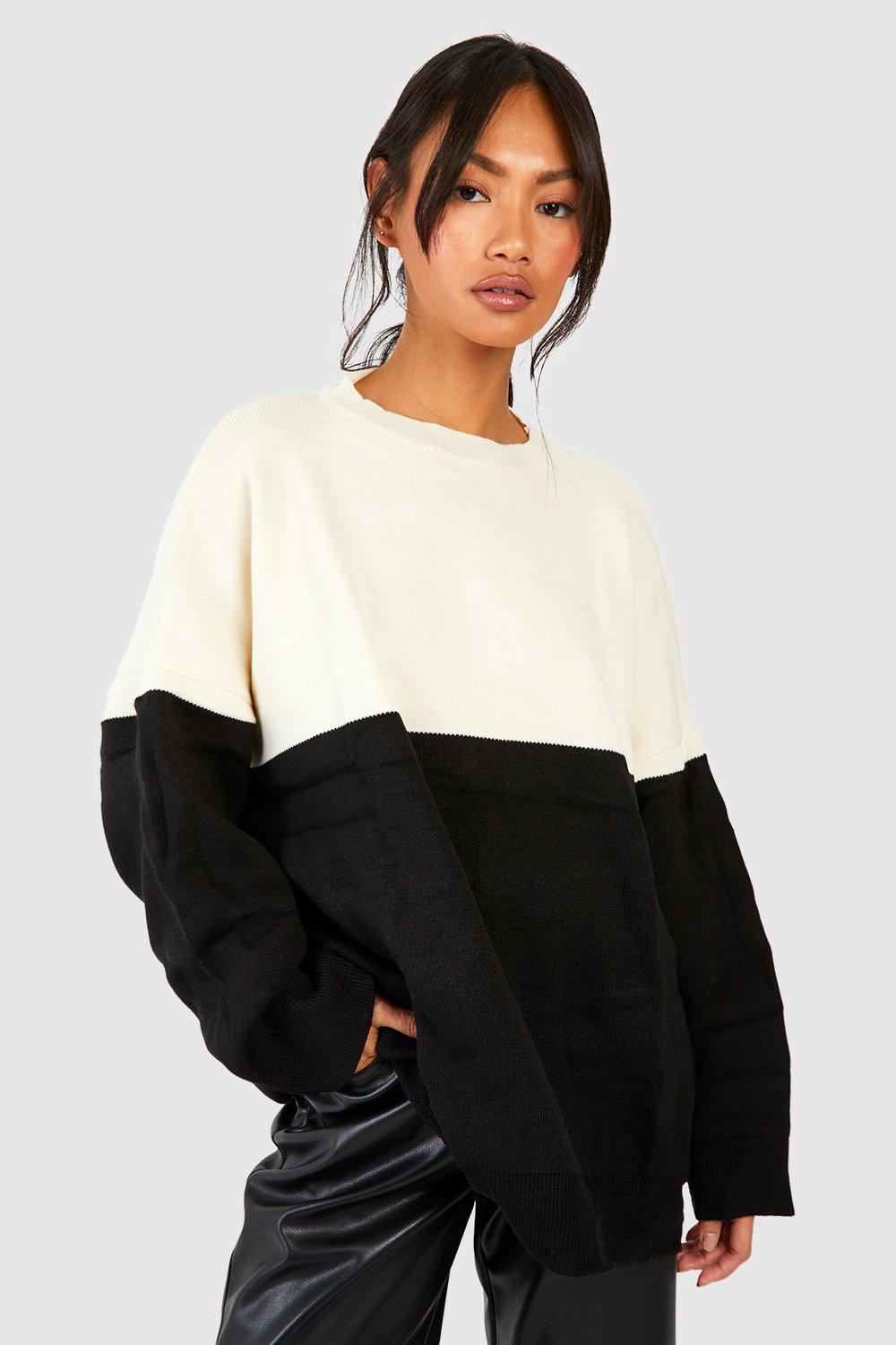 Image of Pullover in maglia fine a blocchi di colore effetto patchwork, Nero