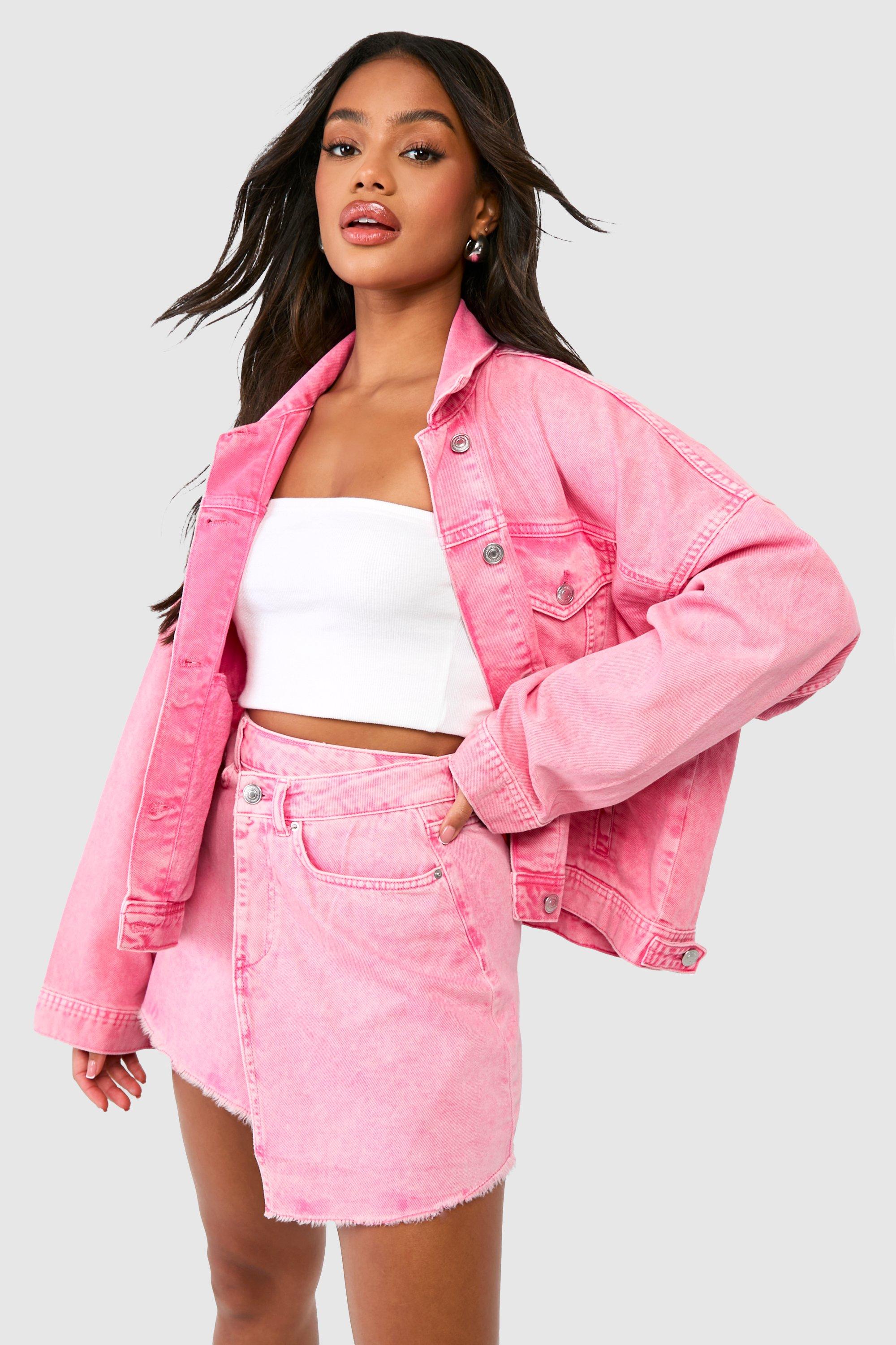Boohoo Pink Acid Wash Wrap Denim Mini Skirt, Pink