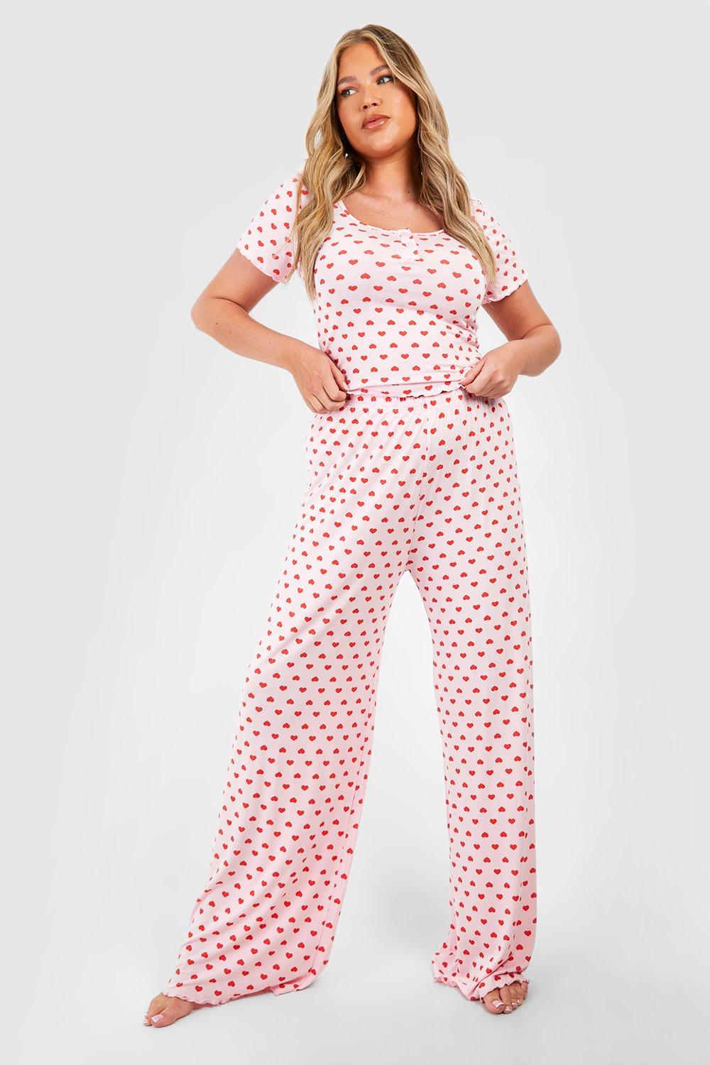 Image of Set pigiama Plus Size in jersey con stampa a cuori - top & pantaloni, Pink