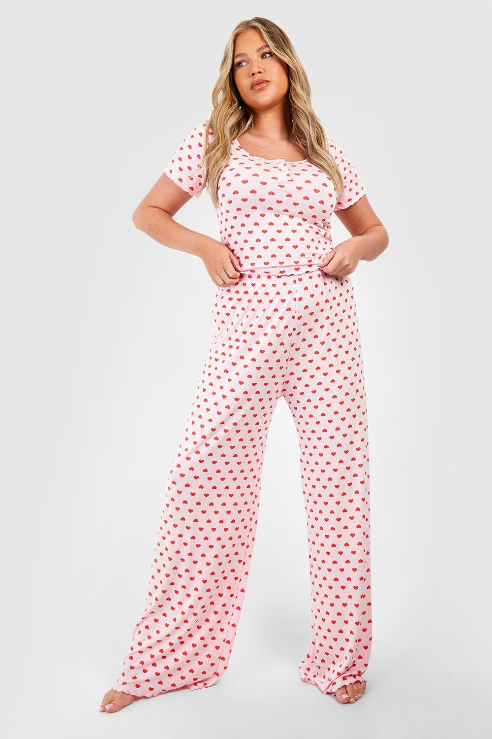 Womens Plus Heart Print Jersey Top & Trouser Pj Set - Pink - 20, Pink