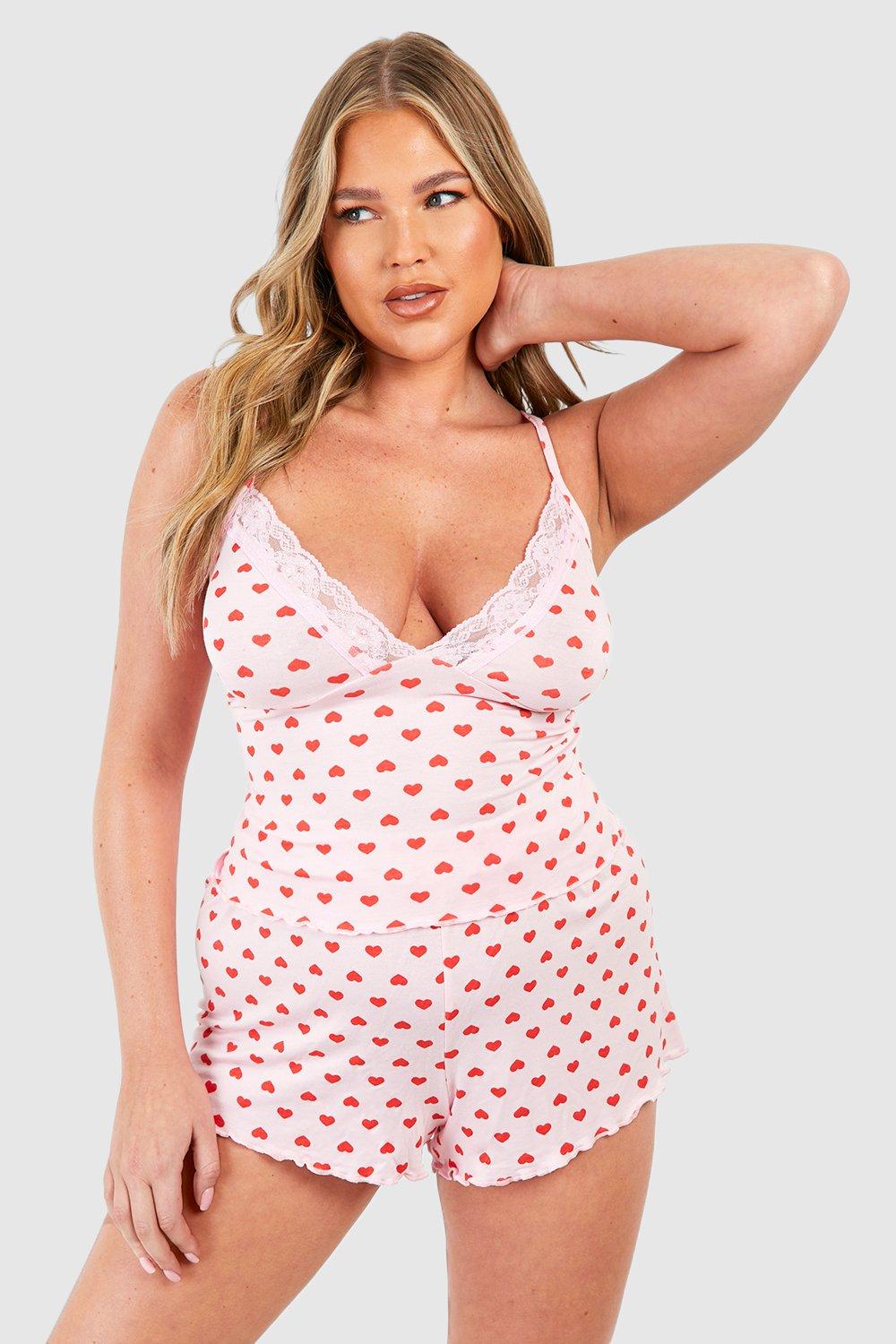 Womens Plus Heart Print Jersey Cami & Short Pj Set - Pink - 26, Pink