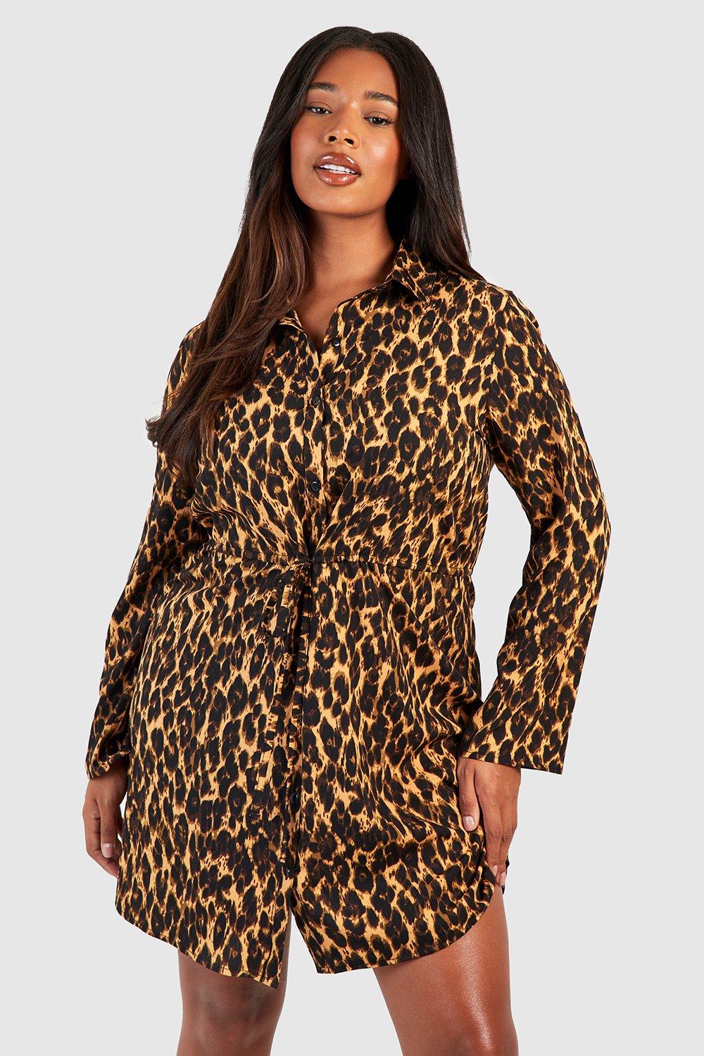 Image of Vestito camicia Plus Size leopardato con laccetti in vita, Multi