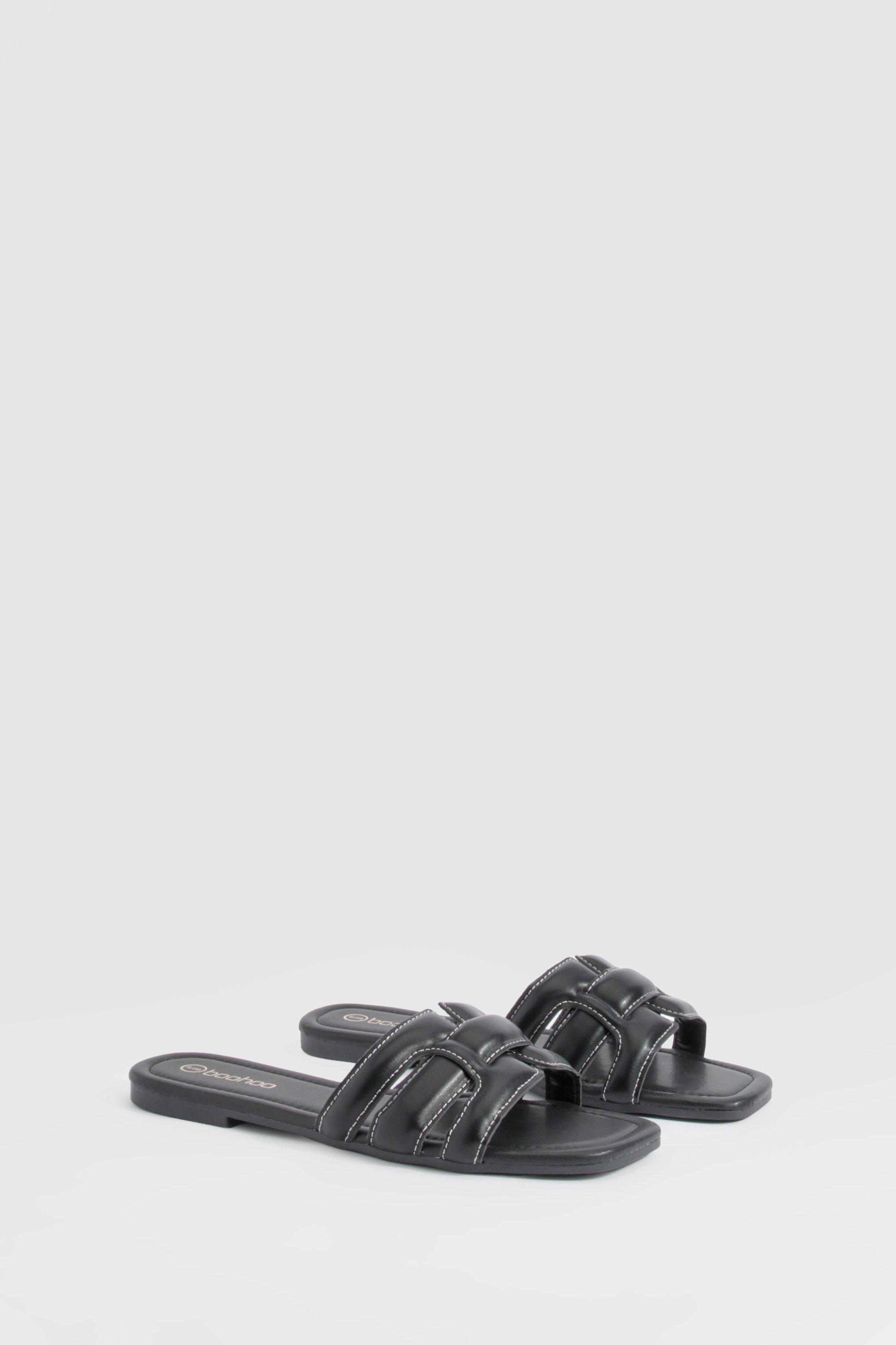Image of Contrast Stitch Woven Mule Sandals, Nero
