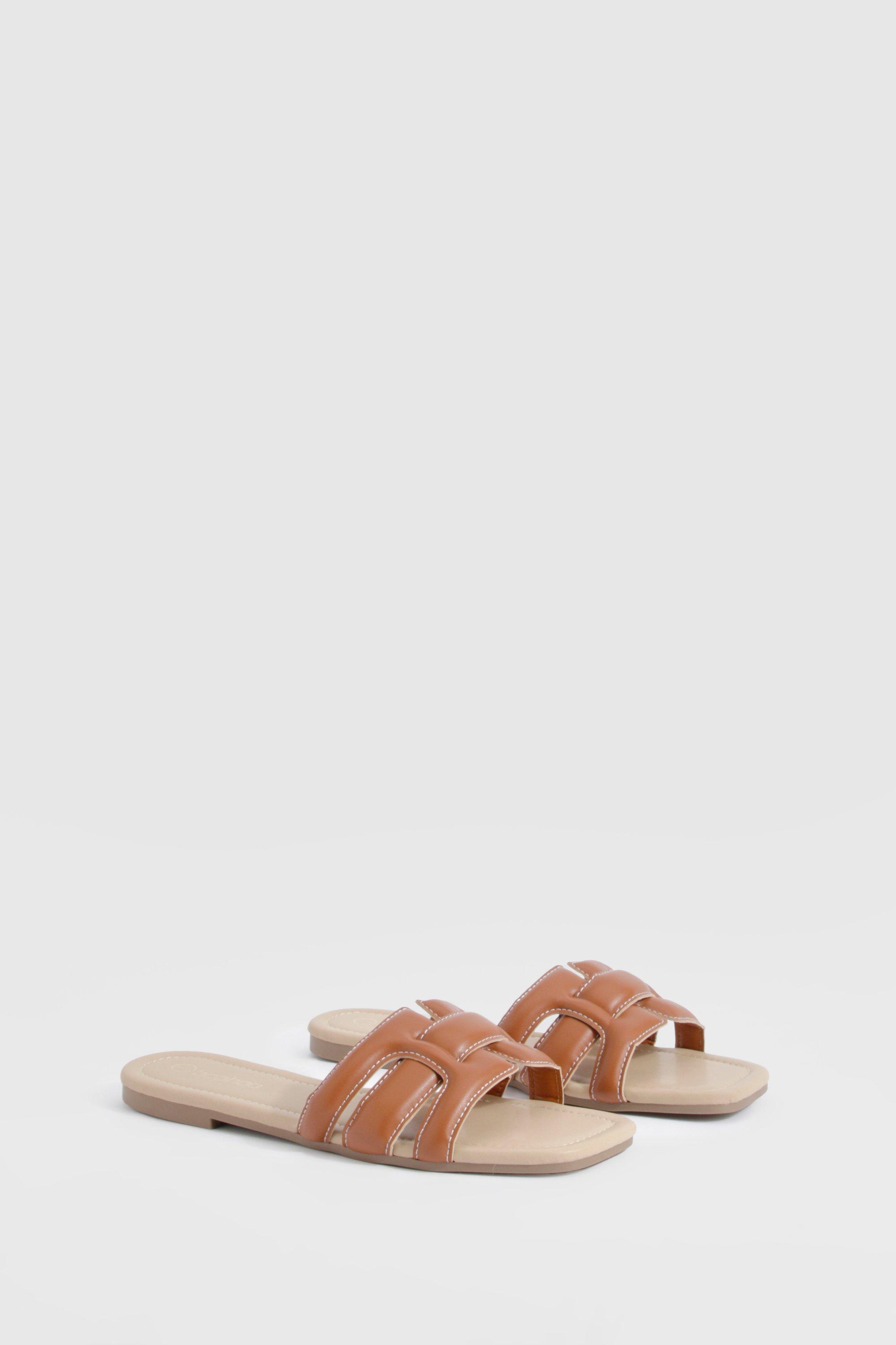 Image of Contrast Stitch Woven Mule Sandals, Brown