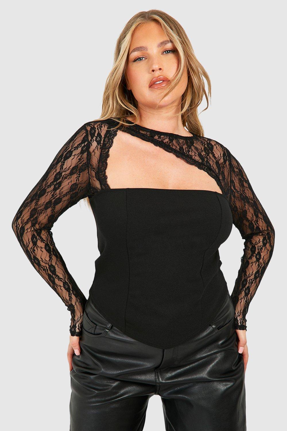 Image of Top a corsetto Plus Size con scollo in pizzo, Nero