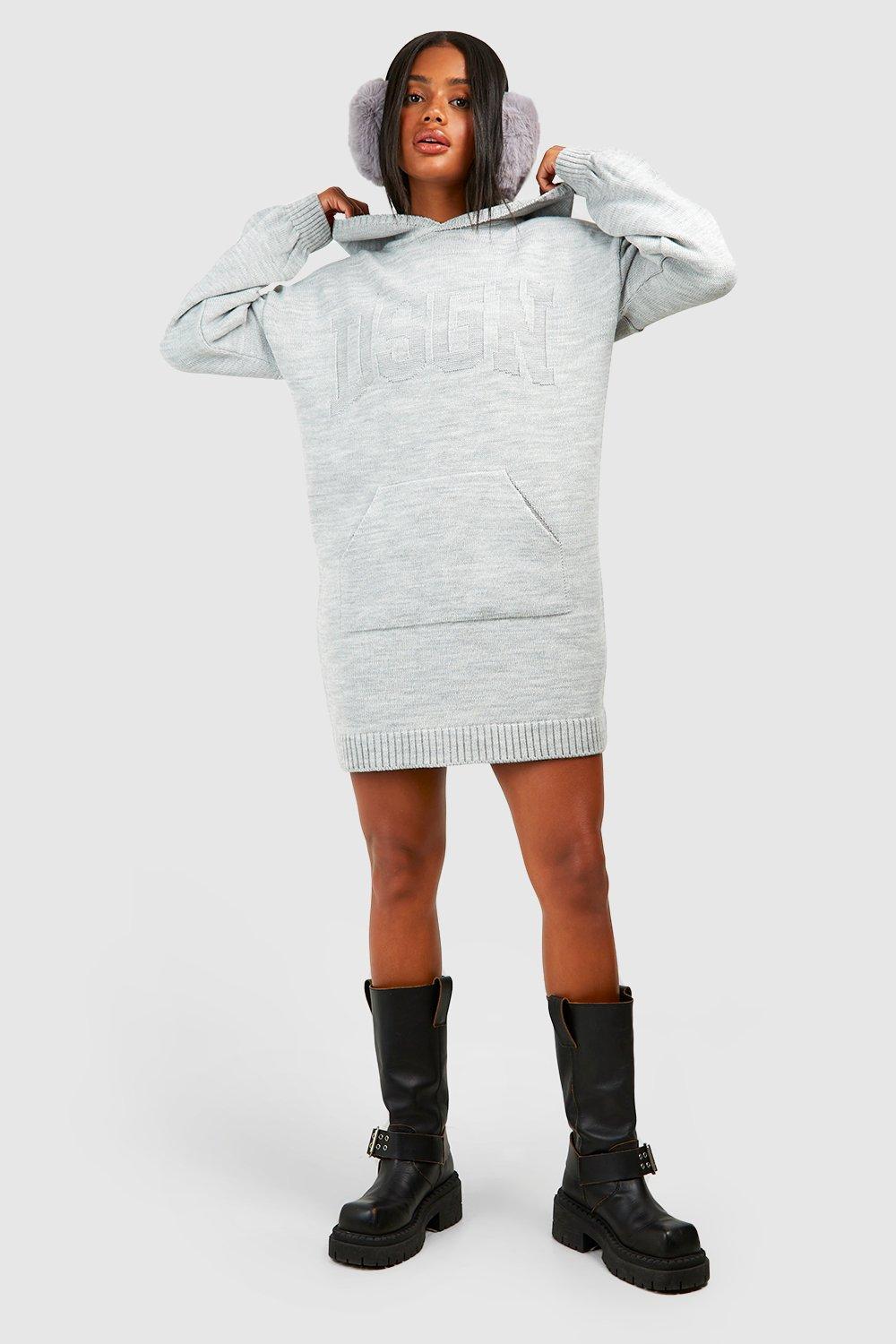 Boohoo Oversized Gebreide Dsgn Hoodie Jurk, Grey