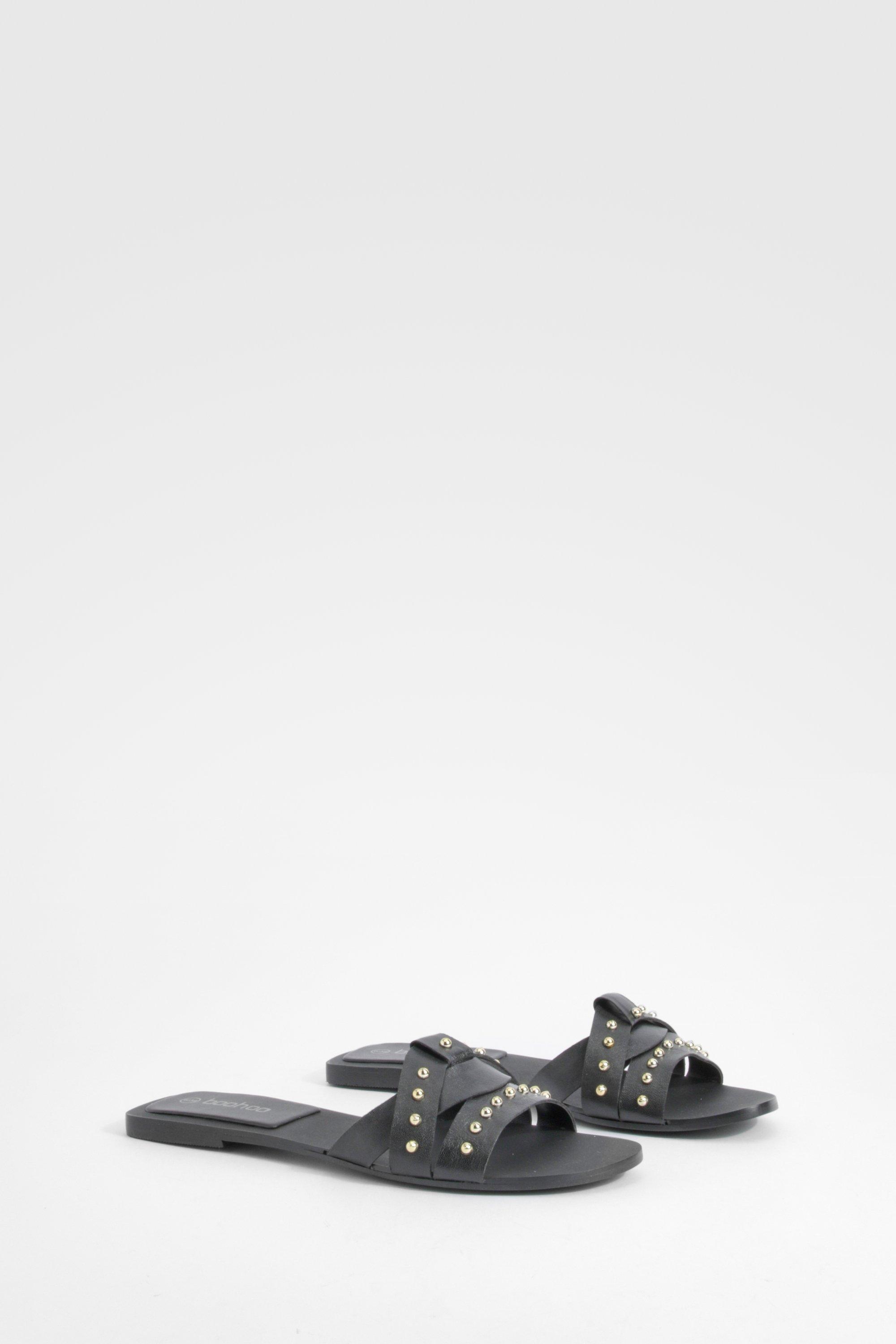Image of Studded Woven Leather Mule Sandals, Nero