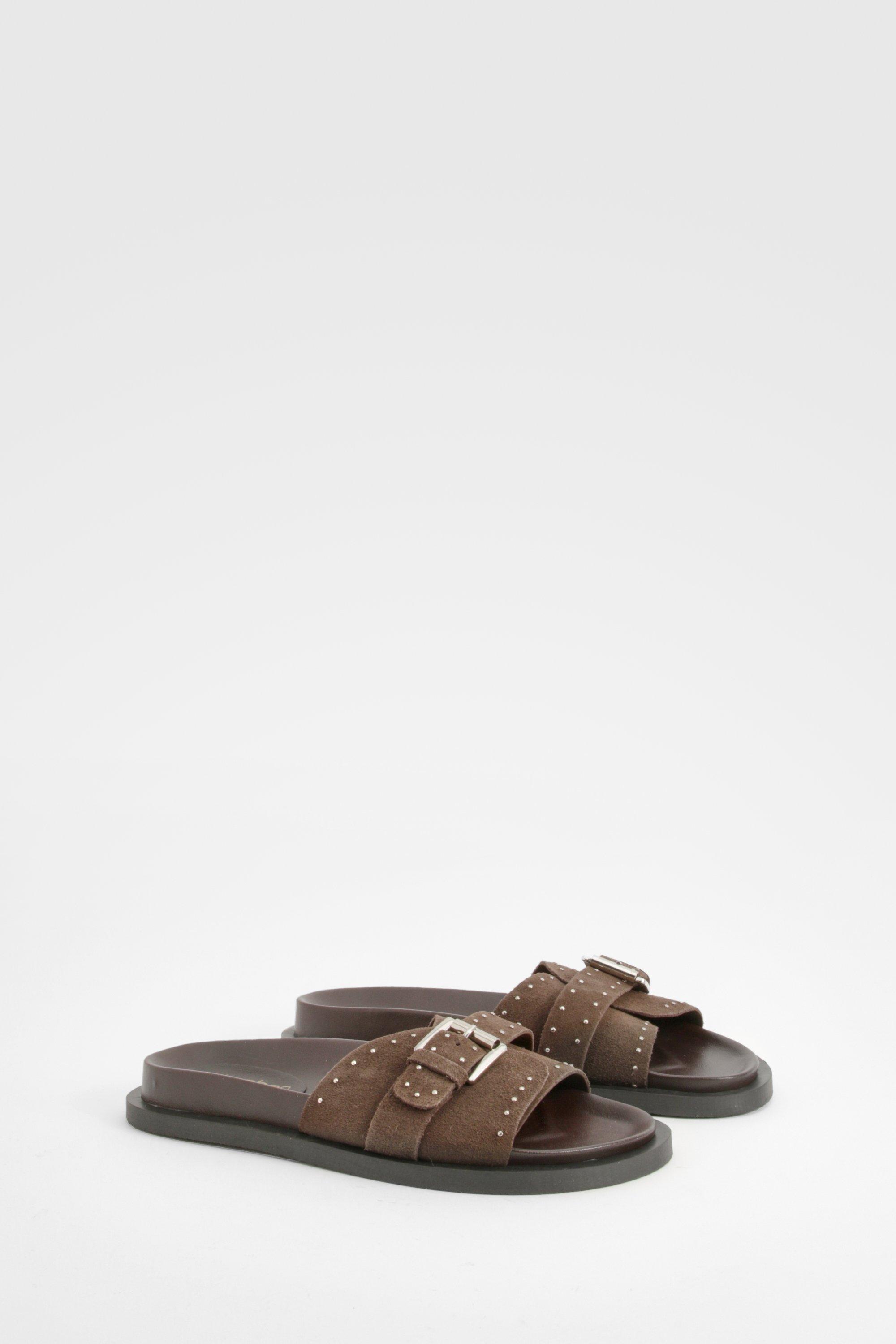 Image of Studded Leather Sliders, Brown